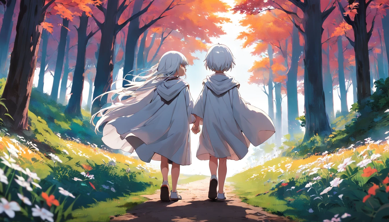 2 kids walking on flowery forest. White haired. Wears cloak. Barefoot