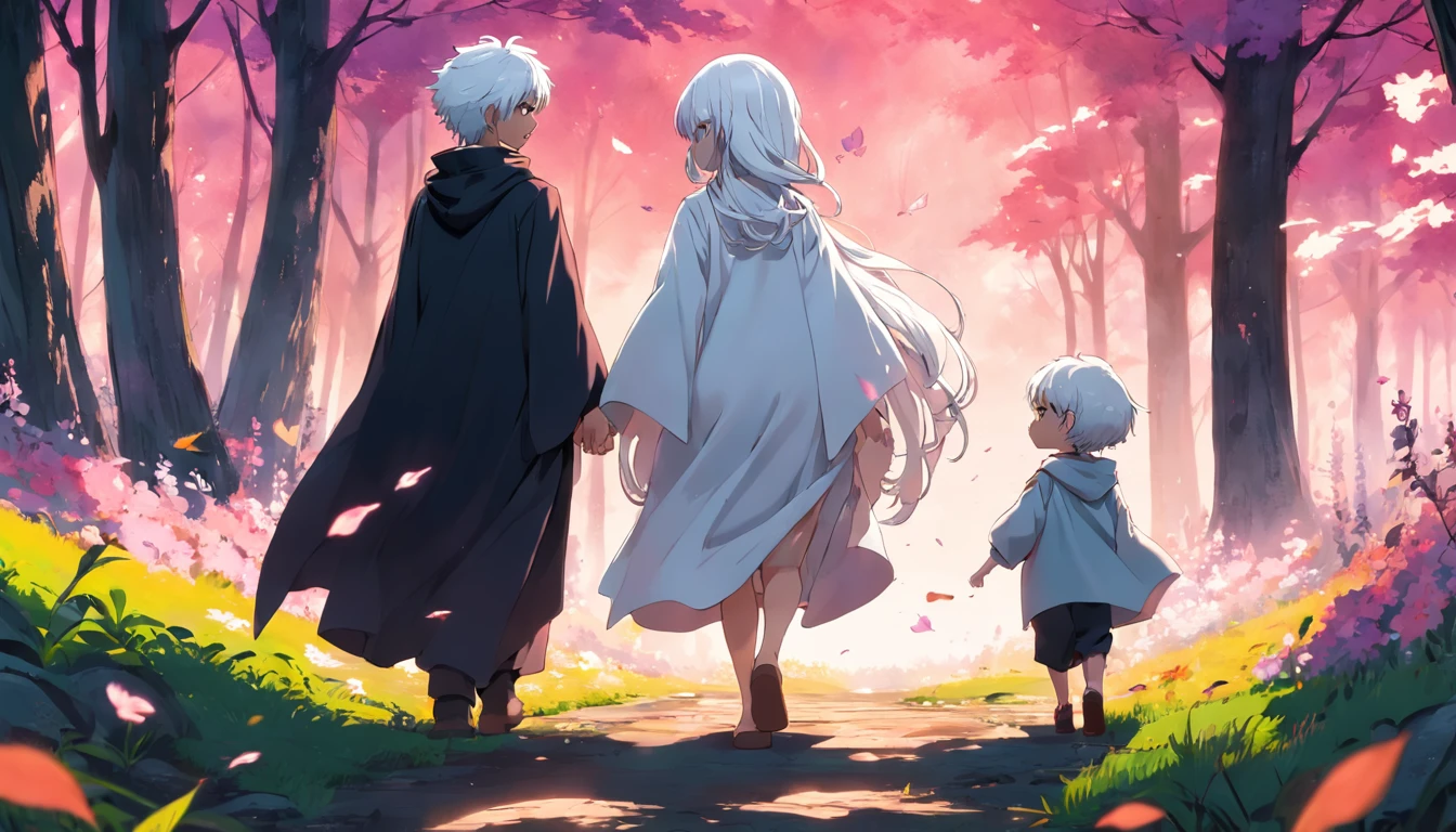2 kids walking on flowery forest. White haired. Wears cloak. Barefoot