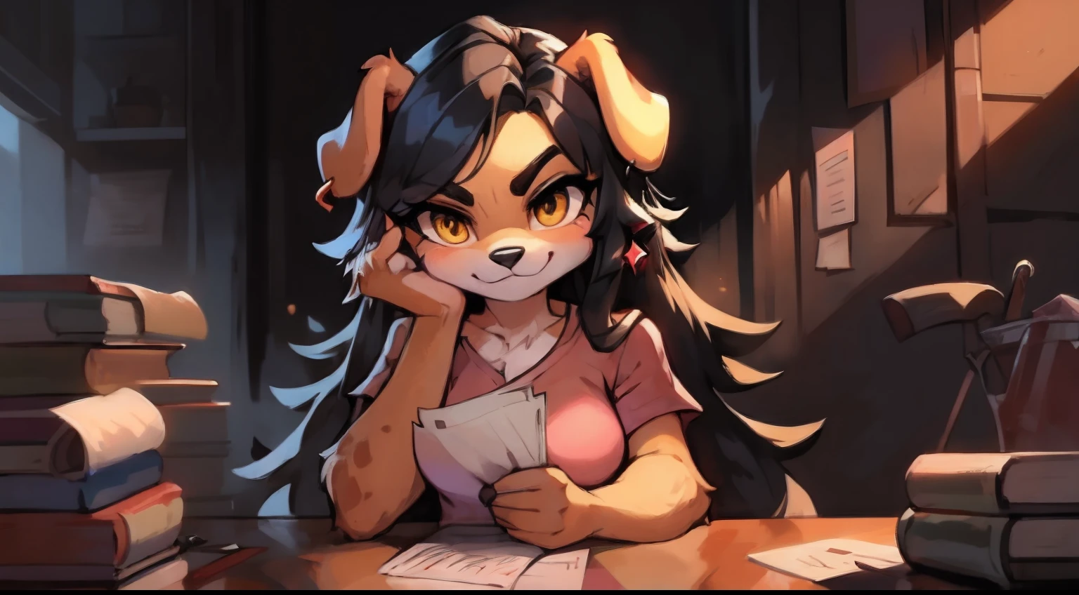 a portait cartoon picture of a female dog with long hair and a pink shirt, long haired humanoid fursona, female furry mini cute style, female fursona, portrait of ((mischievous)), furry character portrait, lowres, headshot of young female furry, furry fursona, , oc commission, she has only have blond fur color with a lot of big brown fur spots that cover all around her body , no white fur color, she have amber eyes, she has long black hair, she has one silver earring on her right ear, she have big floppy dog ears that bend forward, she is sitting on a chair, theres a table in front of her, there are papers on the table, there are stacks of book on the table, she is holding a few piece of paper, she is looking at the paper, she is alone