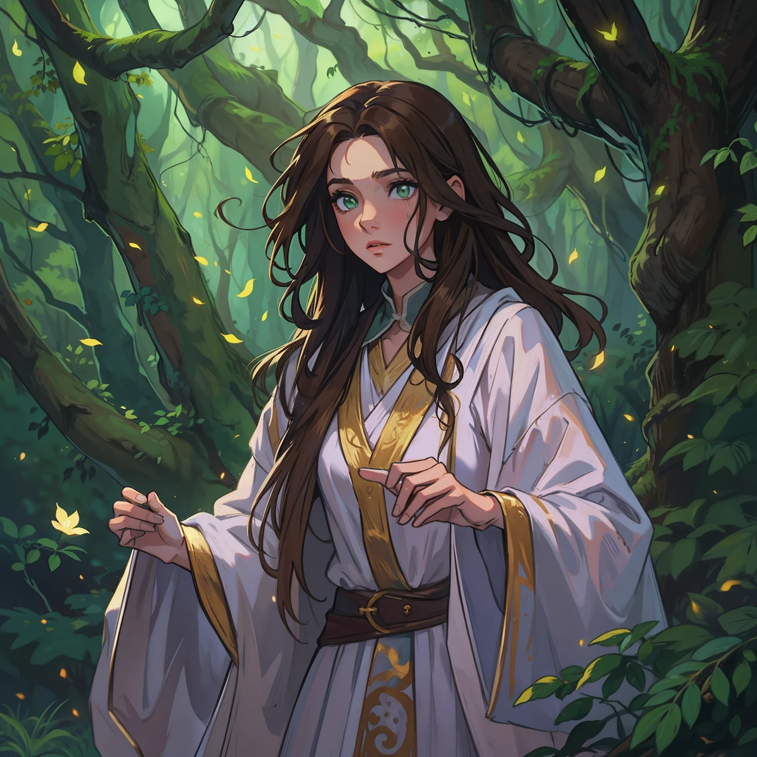 A beautiful woman with green eyes and brown hair, Ella es una hechicera bruja, wearing white and gold robes, Noble robes, Una princesa de magia y una mirada miedo;, ((Enrojecida)) Fondo del bosque, Por la noche, Un bosque horrible, trees with branches. Leaning against a tree, Bosque con niebla. Un arte para un RPG Un arte medieval para RPG ((con escote))