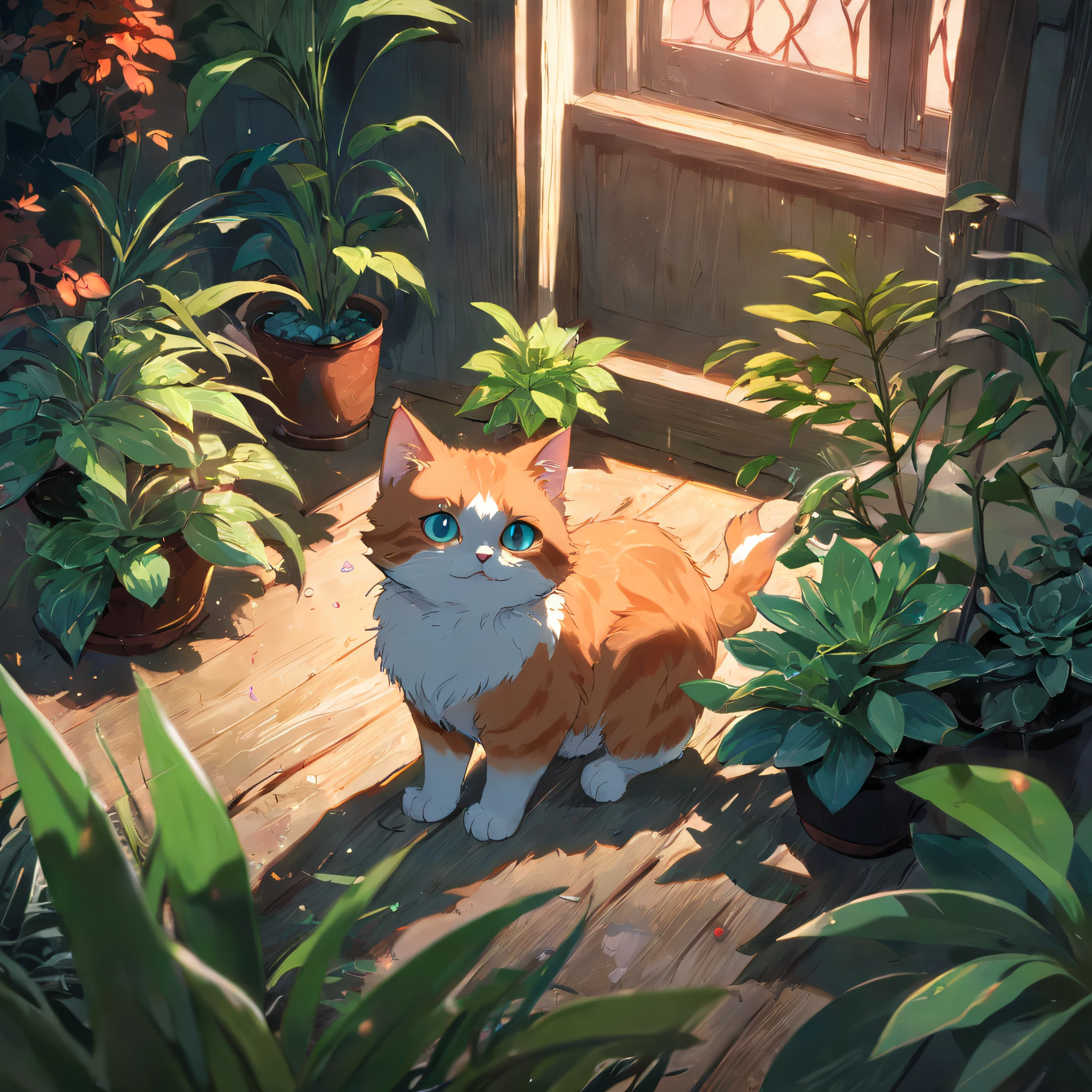 A kitten is in the lower left corner ,Huge plants, ((cheerfulness)) ((tmasterpiece)) ,Ultra HD and Super Resolution,((Succulents)),potted