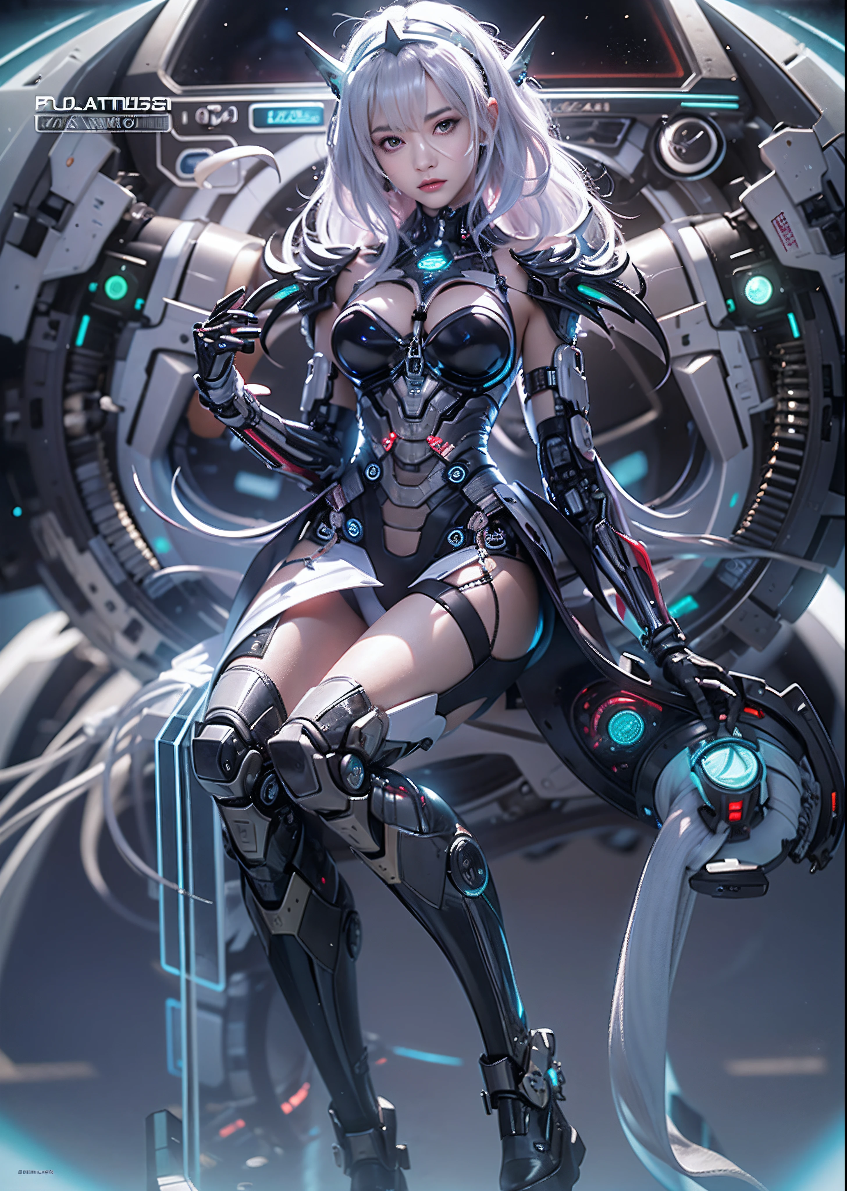 top-quality、tmasterpiece、超A high resolution、(Photorealsitic:1.4)、RAW photo、Battle Robot Angel、Large wing made of metal、White porcelain body、Acrylic transparent cover、whaite hair、glowy skin、1 Cyborg Girl、((Super realistic details))、porate、globalillumination、black shadows、octan render、8K、ultrasharp、Character edge light,Colossal tits、Raw skin is exposed in cleavage、Details of complex ornaments、Gothloli details、Hydraulic cylinder、small led lights、highly intricate detail、Realistic light、a purple eye、Radiant eyes、Facing the camera、neon light detail、cow boy shot、Futuristic headgear、Floor plan about the《cyber punk perssonage》、、