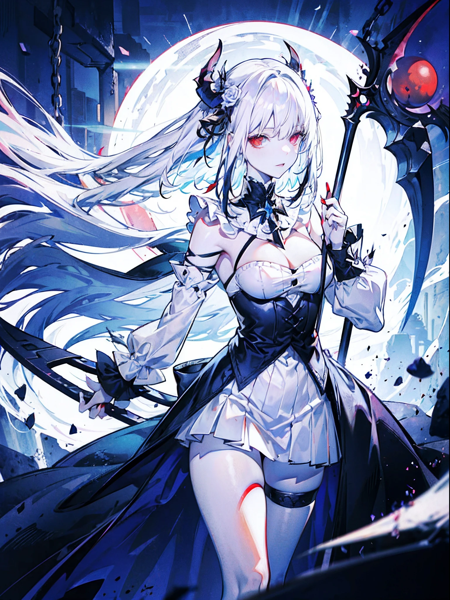 Evil white-haired demon, Chain scythe, Sexy Outfit, Heterochromia eye, Black, Red Moon and Blue Roses, Fantasy background