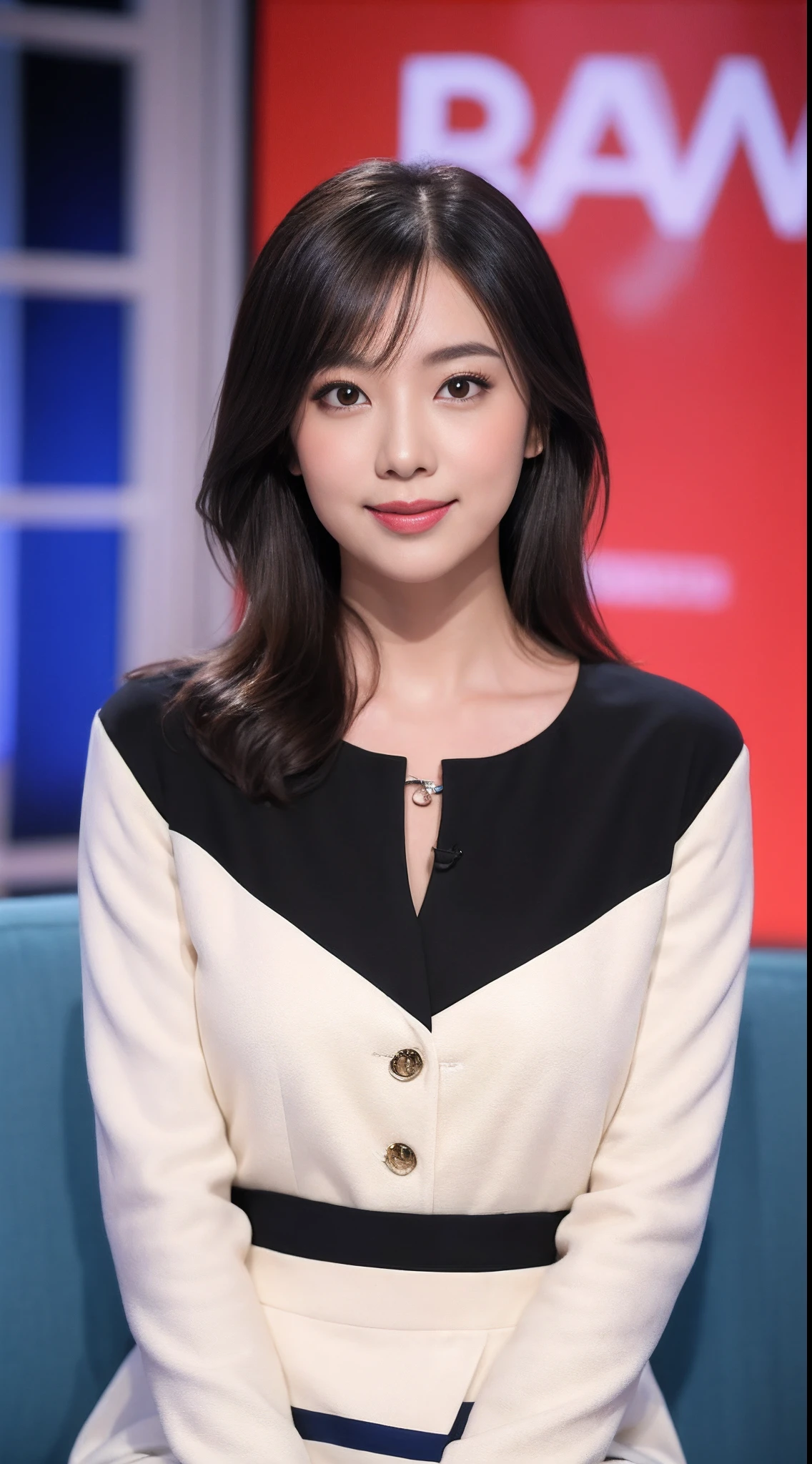 (RAW photogr:1.2),The highest quality, 超高分辨率, Female anchor，sitting in the couch，Broadcast news，studio backdrop