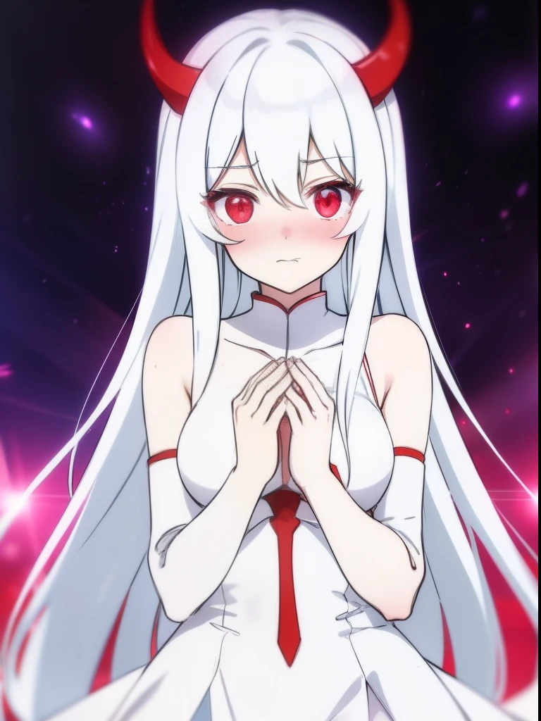 tmasterpiece,highest quality,1girll,red color eyes,White color hair,banya,coda,Fold your hands to your chest,Overlooking,vred,Cinematic lighting effects,Particle light effects,Shyness blush