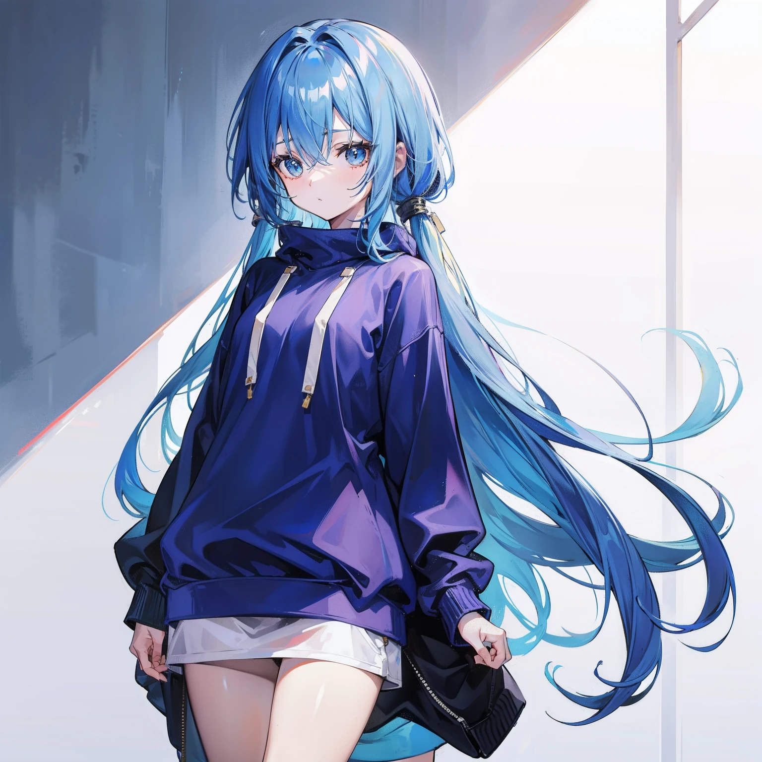 Long fleshy blue hair,Loose and simple sweatshirt,It looks small and cute,But the chest is large and plump
