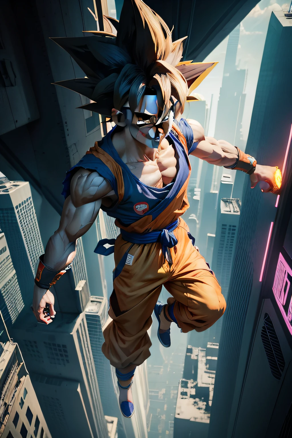 Goku soars in the sky，Be cyberpunk style