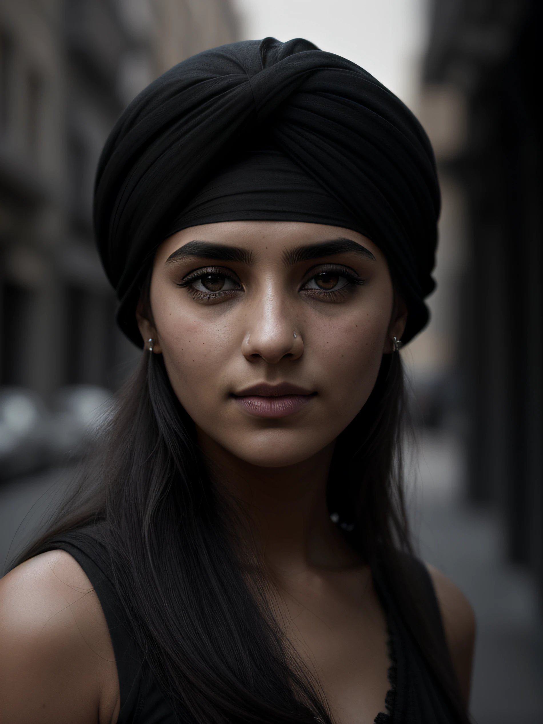 closeup of aThepakistani WOMAN of ancient times, black hair with turban,old syrian city, natural skin texture, 24mm, 4k textures, soft cinematic light, RAW photo, photorealism, photorealistic, intricate, elegant, highly detailed, sharp focus, ((((((cinematic look)))), soft tones, insane details, intricate details, hyperdetailed, low contrast, soft cinematic light, dark colors, exposure mix, hdr, faded