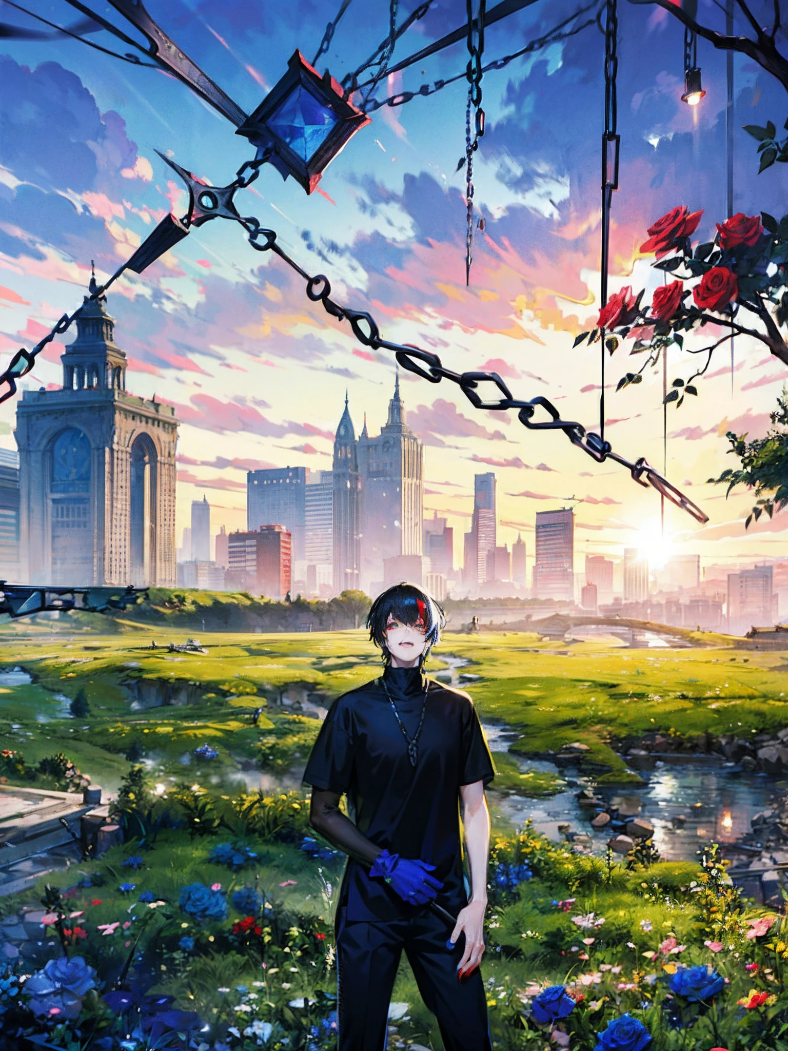 Evil black-haired demon, With chain sickle, Sexy Outfit, Heterochromia eye, Black, Red Moon and Blue Roses, Fantasy background