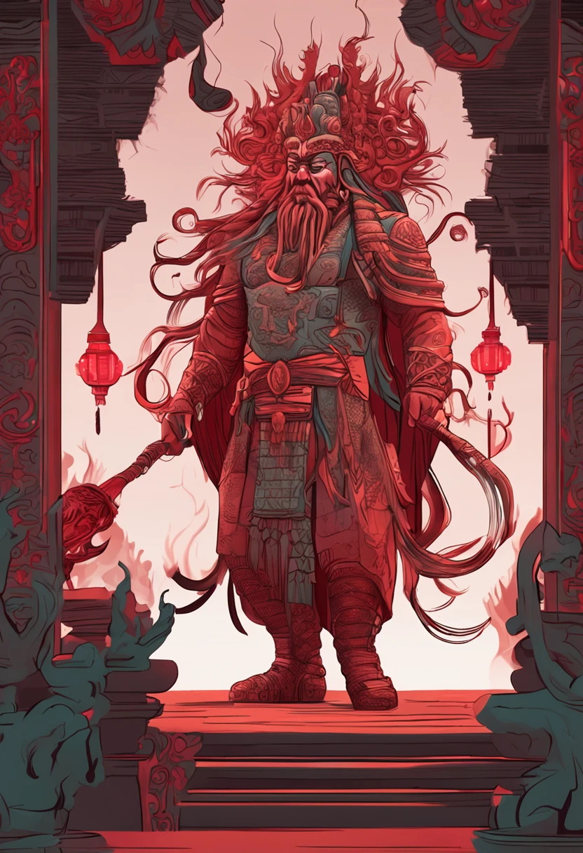 Statue of Guan Gong,Chinese style, vectorial art, Fantasy art, terroral,folkloric,Cthulhu,Red,darkly,clay sculpture,tribute,Red candle,office room