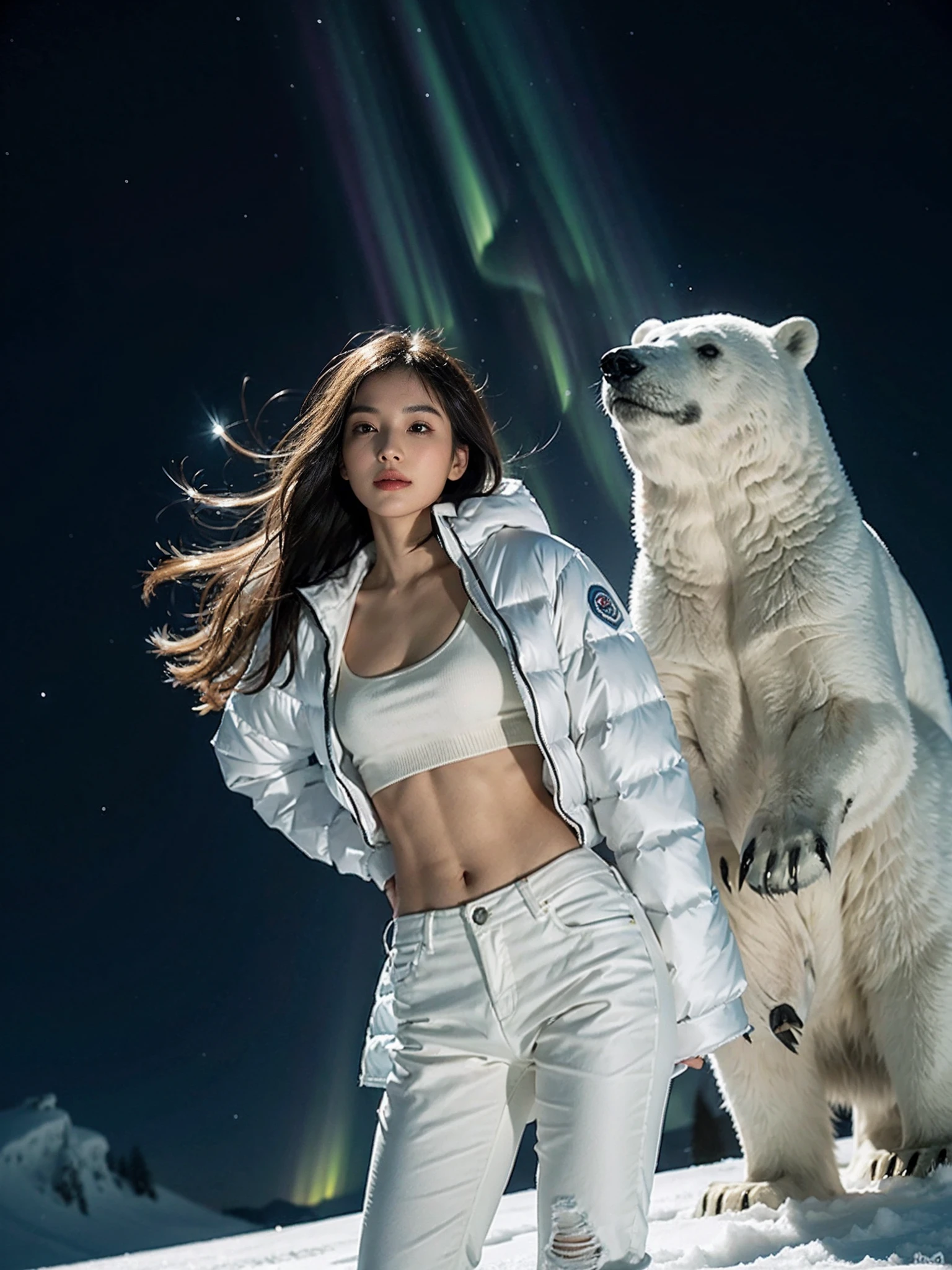 ((smallunderboob,Tomboyish,small heads)), (Well-defined abs: 1.1), (perfect bodies: 1.1), (short-length straighthair: 1.2), Black hair,attractive collarbone，（极其细致的CG 8k壁纸），（Extremely refined and beautiful），（tmasterpiece），（best qualtiy：1.0），（超高分辨率：1.0），upper body photos，[A high resolution]，A beautiful girl poses for a photo with a giant polar bear，cheerfulness，ssmile，Smooth and flawless fair skin，ultra - detailed ，Elongated legs，flatchest，Slim，emaciated，Winters，atarctive，Frozen，White cotton cap，Long white down jacket，Perfect details of realistic polar bears，Close-up，the night，starrysky，aurora borealis