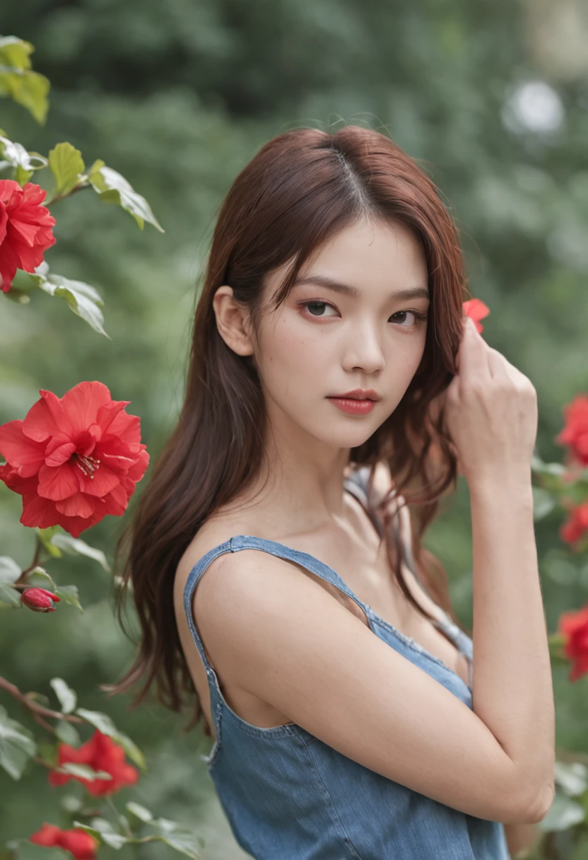 Motion picture film stills (Raw photo:1.3) in the (ultla realistic:1.3) One Girl、bblurry、blurry backround、croptop、denim、Denim shorts、florals、flower in hair、hair adornments、s lips、length hair、see the beholder、hason、a navel、Photorealsitic、realisitic、Red flowers、Short Short Short 、shortpants、独奏、、ighly detailed。 The depth of field is shallow、vignettes、A highly detailed、High budget、Bokeh、Wide、moody、epicd、a gorgeous、film grains、grainy