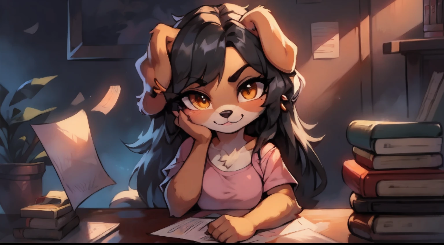 a portait cartoon picture of a female dog with long hair and a pink shirt, long haired humanoid fursona, female furry mini cute style, female fursona, portrait of ((mischievous)), furry character portrait, lowres, headshot of young female furry, furry fursona, , oc commission, she has only have blond fur color with a lot of big brown fur spots that cover all around her body , no white fur color, she have amber eyes, she has long black hair, she has one silver earring on her right ear, she have big floppy dog ears that bend forward, she is sitting on a chair, theres a table in front of her, there are papers on the table, there are stacks of book on the table, she is holding a few piece of paper, she is looking at the paper, she is alone