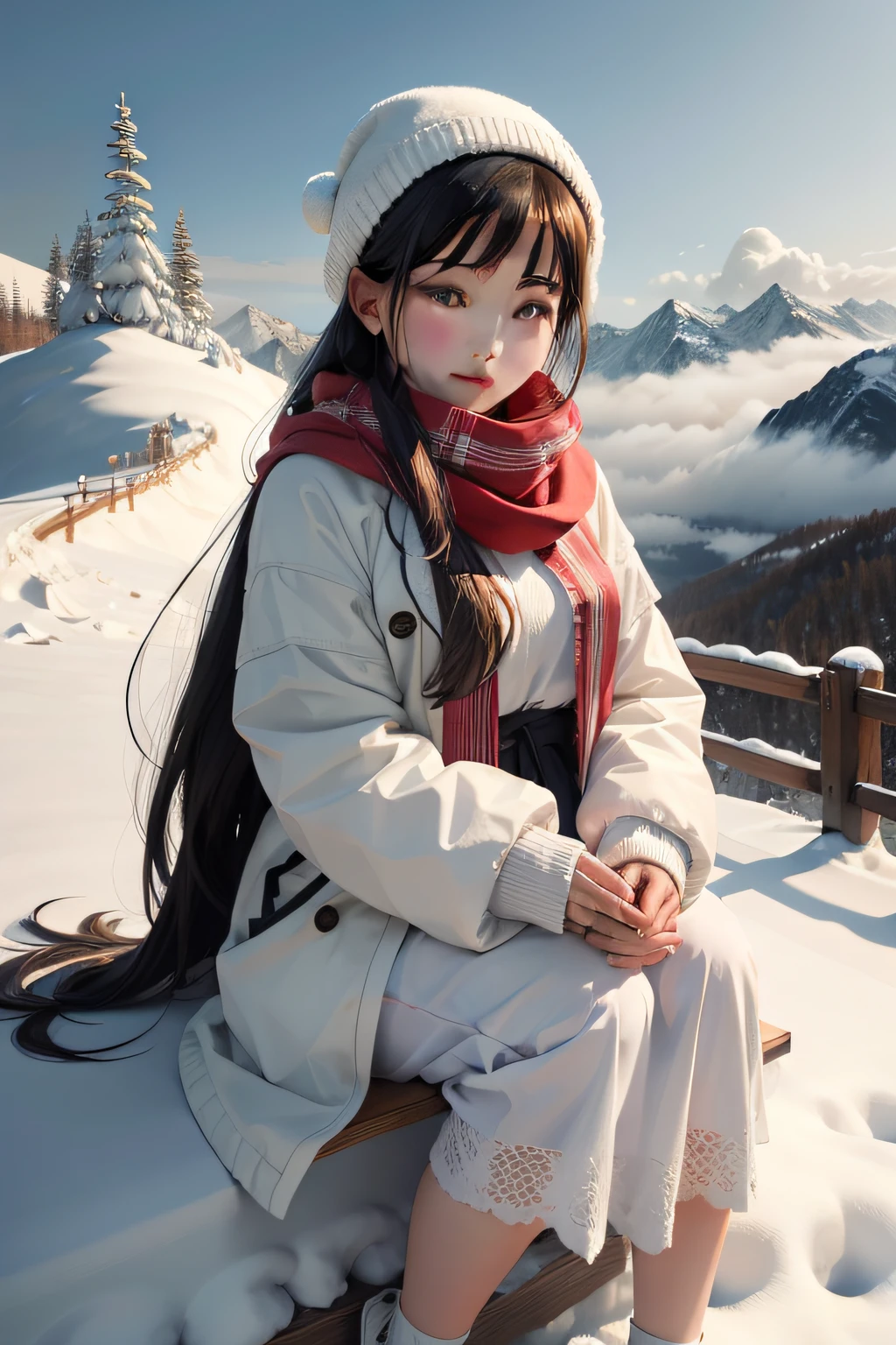 A young woman sits on the snow。She wears a white coat,A red scarf is wrapped around the neckline,It is a stark contrast to the surrounding snow。She wore a pair of dark pants,Sit on the snow,Feet deep in the snow。Her face is fresh and soft,The skin looks very delicate,As if you can pinch out water。Her eyes are bright and deep,Slightly closed,It's as if you're gazing into the distant landscape。
Her long hair casually hung down her shoulders,Gently fluttering with the wind。The wind blew through her hair,Bring a breath of freshness。Her eyes were deep and gentle,It seems to be able to penetrate all troubles and sufferings,It gives a sense of serenity and serenity。
Behind her,It is a snow-capped mountain towering into the clouds,The peaks are covered in snow,surrounded by cloud。The sky in the distance takes on a faint blue color,It contrasts with the white color of the snowy mountains。The whole picture gives a sense of freshness、Peaceful feeling,Let people's hearts be purified。