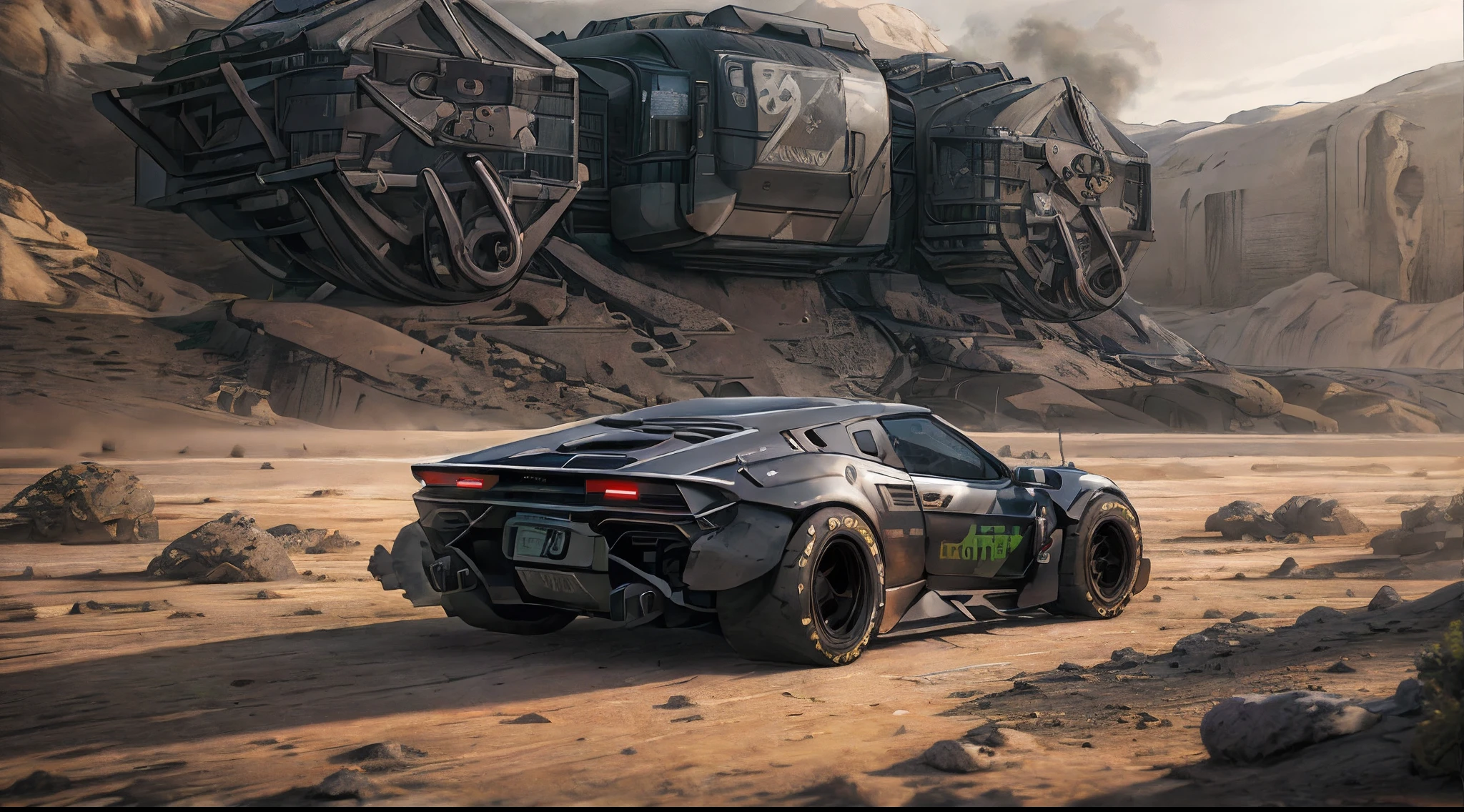 Best quality, Stealth fighter jet inspired futuristic matte black Lamborghini supercar, post apocalyptic style, {{{inspired by mad max fury road}}}, created by hanka robotics and cyberdine systems, artwork by George miller and John Seale cinematography, white rusty grunge alloy rims, racing slick tires, volumetric lighting, epic dystopian composition, View from the front and side, wide angle lens, desert sci-fi landscape with black slate rock building structures in background, [dieselpunk industrialpunk, desert landscape:1.3], 3d maya,  octane render, Dark palette with Foreboding colours, dark sinister overtones, Capture the adrenaline-fueled excitement of a post-apocalyptic performance car, body armour, intricate details, Masterpiece, Golden ratio, Highest quality, hdr, Photorealistic, insane quality, insanely detailed, 8K UHD, ((award winning masterpiece)), BREAK 8K, concept art, unreal engine, world first reveal, exclusive.