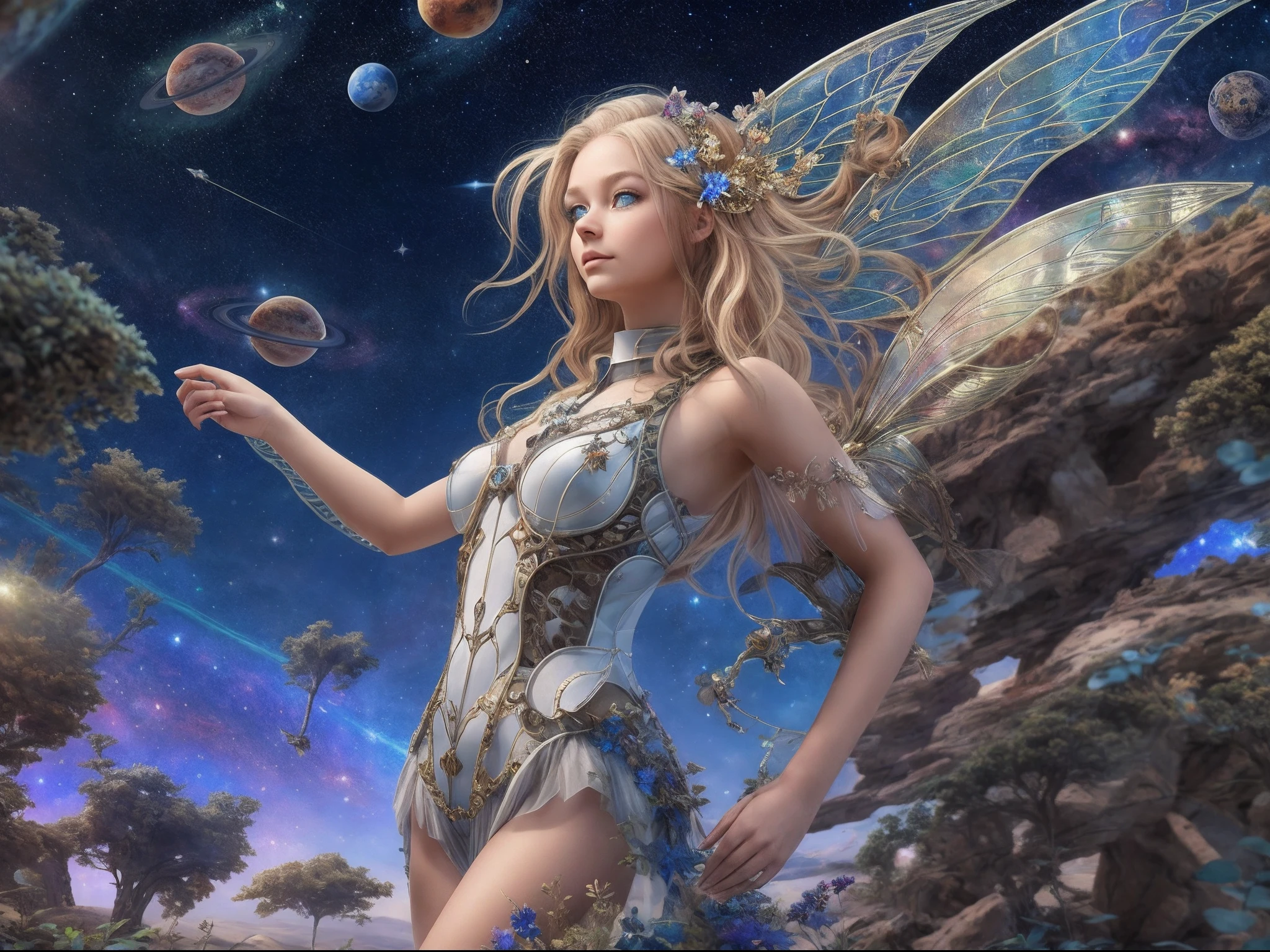 there is an illustration of a fairy with mecha parts fairy_wings floating on Mars planet looking into space seeing the vast of stars and space, full body shot,  blond hair, long hair, blue eyes, ultra detailed face, space and stars as background, sense of infinity, Ultra-Wide Angle, high detail, award winning, best quality, HD, 16K, high details, best quality, highres, ultra wide angle, photorealistic, ultra realistic [[anatomically correct]], high details, best quality, 16k, [ultra detailed], masterpiece, best quality, (extremely detailed), ultra wide shot, photorealistic,
