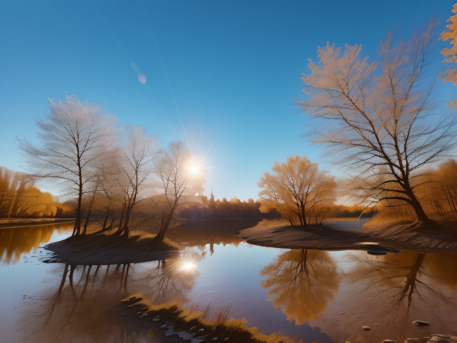Trees reflected in sunny ponds, sunlight reflected on the river, at sunset in autumn, wide angle river, wide angle landscape photography, Reflection on the river, beautiful tranquil day, Realistic wide-angle photos, High reflex, late afternoon sun, late afternoon sun, shot on iphone 1 3 pro max, water reflecting suns light