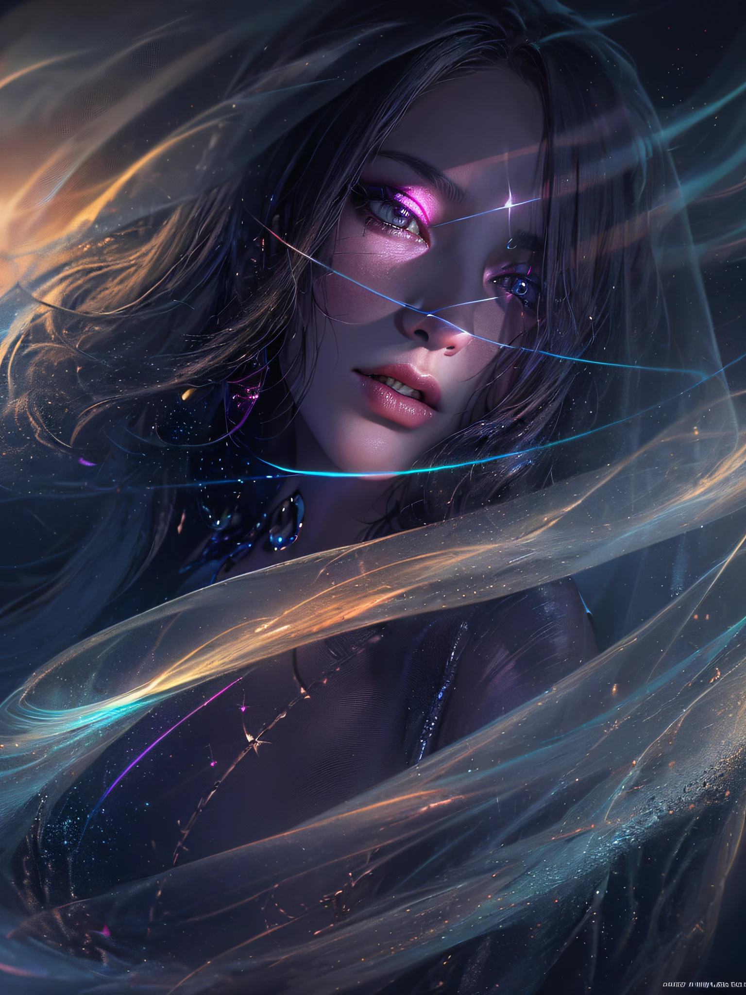 (official art, unity 8k wallpaper, ultra detailed, beautiful and aesthetic, masterpiece ,best quality, photorealistic:1.3), (a woman in a see-through navy dress:1.3), (fractal art:1.2) , (dynamic angle), (black and purple background, darkness, rainbow-colored aura floating in the darkness:1.3), (shiny skin),realistic style with fantasy elements , charming realistic characters, shiny skin, Surrealism,(((veil of light, colorful veil, Veil with light particle effect, glowing))),