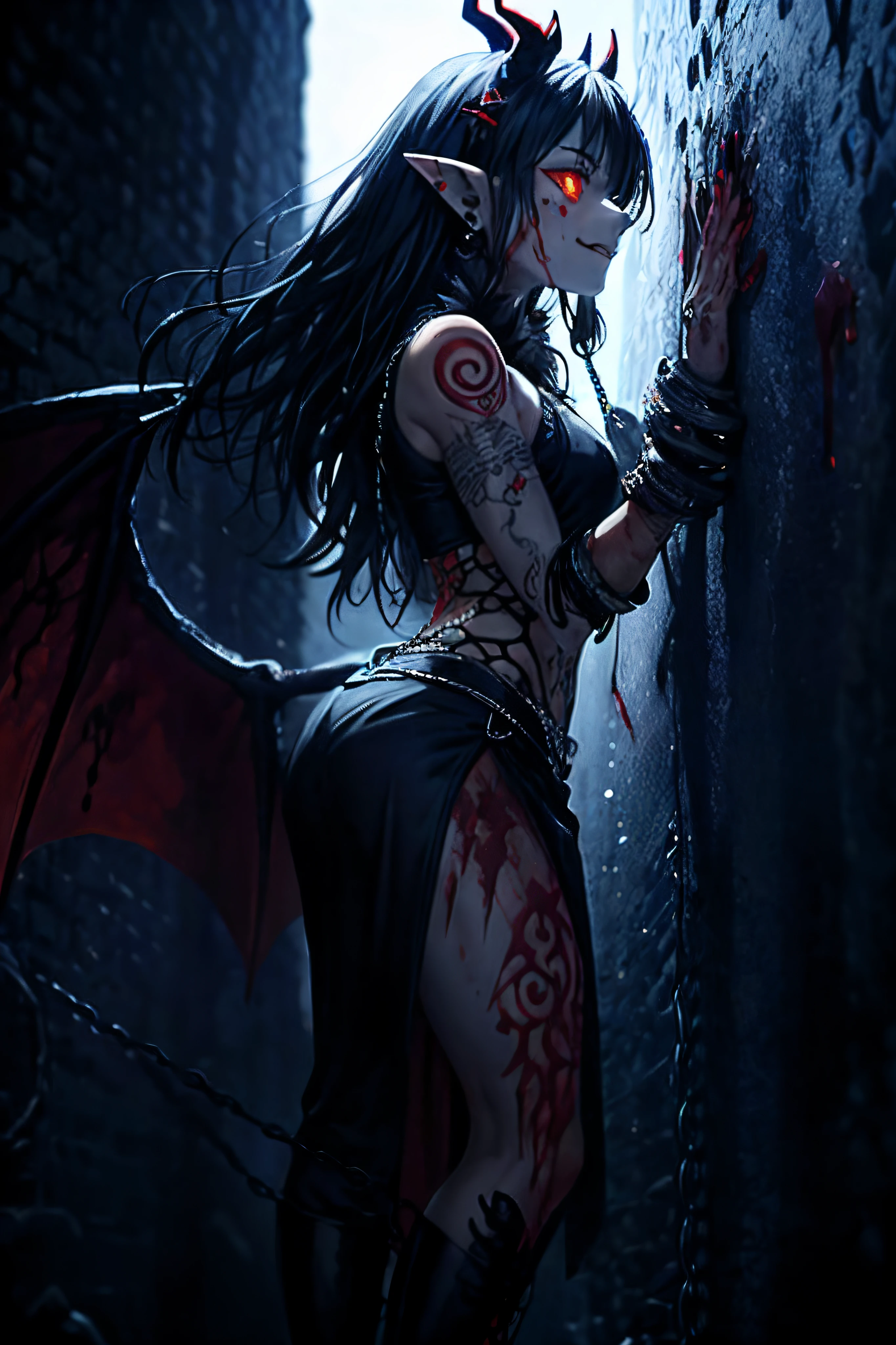 (masterpiece, best quality) SilentHillNurse, Masterpiece in high-resolution 16K UHD high detail, inspired by half "mechanical spider girl", half ((residente evil)) and “Hunt: showdown", style, highlighting an atmosphere of terror and macabre horror. | In a rain-drenched, devastated nocturnal "gotan city", a 30-year-old woman, dressed in an all-spider outfit, stands in the center of a chaotic scene. Her are encased in a tight and torn outfit, soiled with mud and blood. With short red-glitter-hair, voluminous bangs, and two pigtails, she stares directly at the viewer. Her yellow eyes convey innocence, while a large malevolent smile dominates her face. The surroundings are eerie, with destroyed city structures, rusty machines, hyper beast altars, and the threatening presence of spiders, dragons, and monsters. | The composition highlights the woman as the central element of the scene, with the camera positioned to accentuate her impactful presence. Sinister lighting emphasizes macabre details, creating a terrifying atmosphere. | Scene of a beast nurse in a destroyed nocturnal hospital, surrounded by demons and zombies. | {The camera is positioned very close to her, revealing her entire body as she adopts a hero_pose, interacting with and leaning on a structure in the scene in an exciting way} | ((perfect_pose)), She is adopting a ((Hero_pose as interacts, boldly leaning on a structure, leaning back in an exciting way):1.3), ((full body)), (perfect_fingers:1.0), (perfect_legs:1.0), better_hands, More_Detail