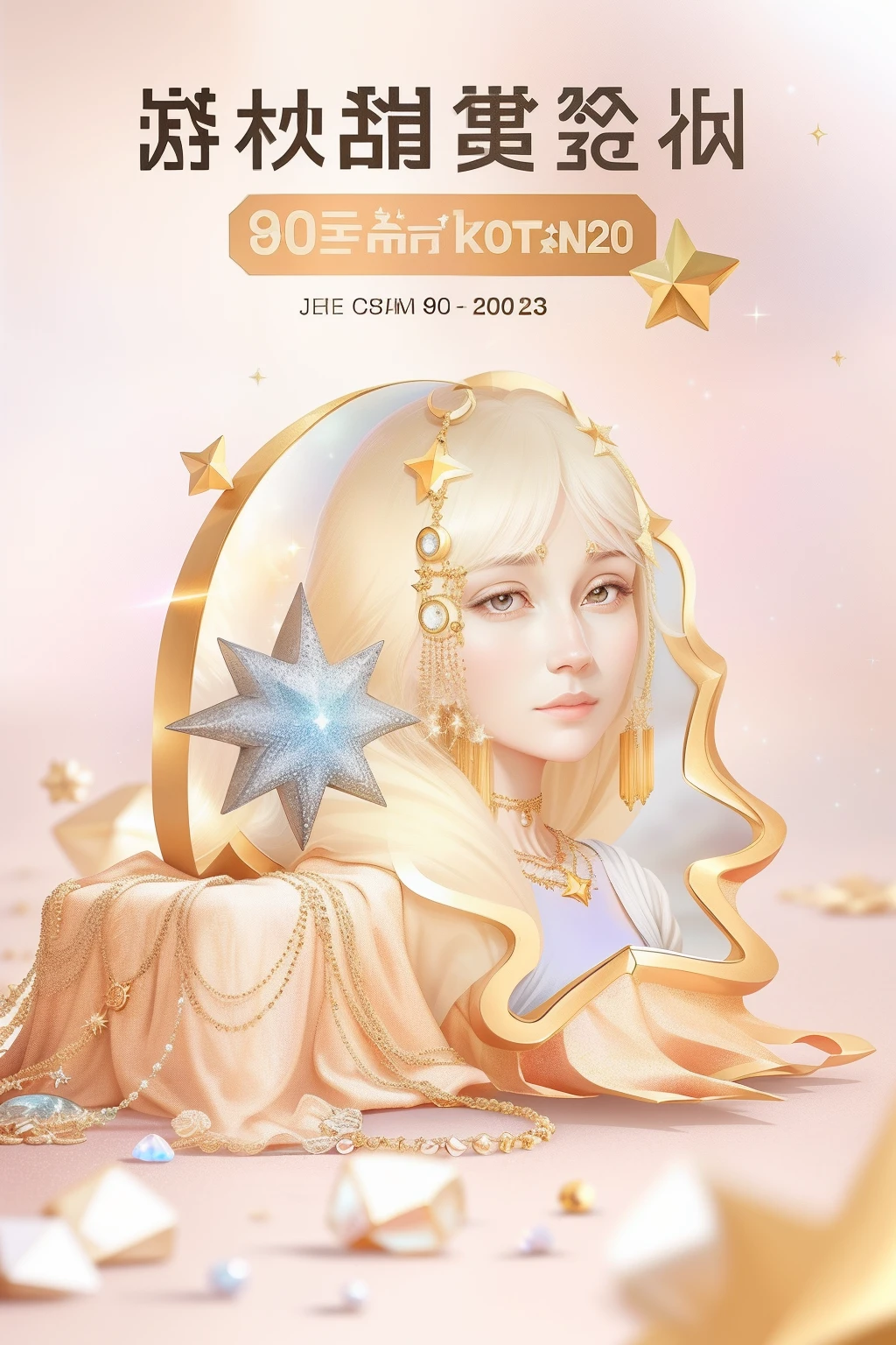 There is a poster，There are pictures of stars and necklaces on it, 20k, 9K, 9 k, jewel, 80k, 8 0 k, 1 6 k, 16k, mother of pearl jewelry, golden and silver jewerly, 2023 4K, trending on cgstation, Gold jewelry, 1 2 k