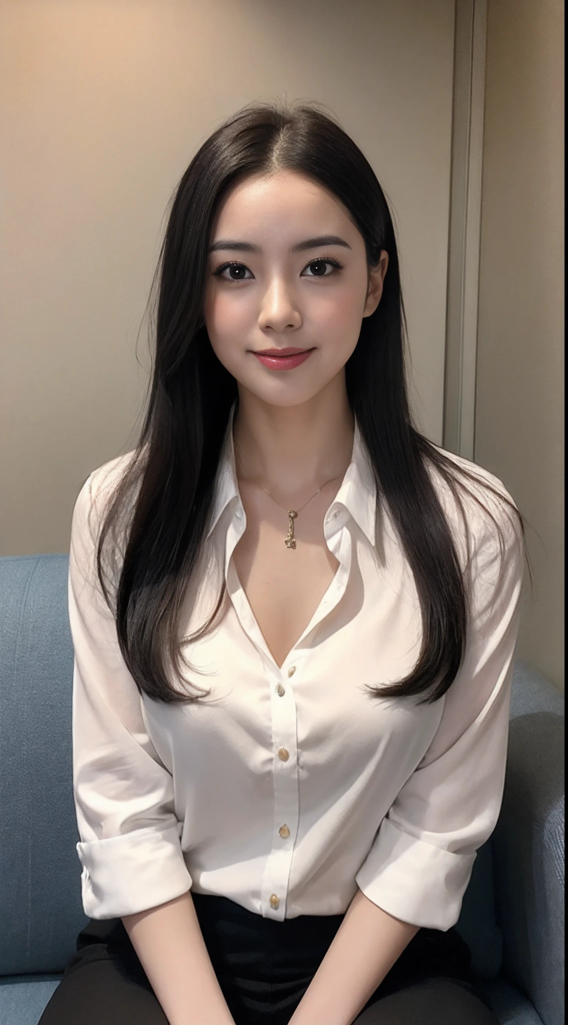 (RAW photogr:1.2),The highest quality, 超高分辨率, Female anchor,sitting in the couch,Broadcast news,studio backdrop