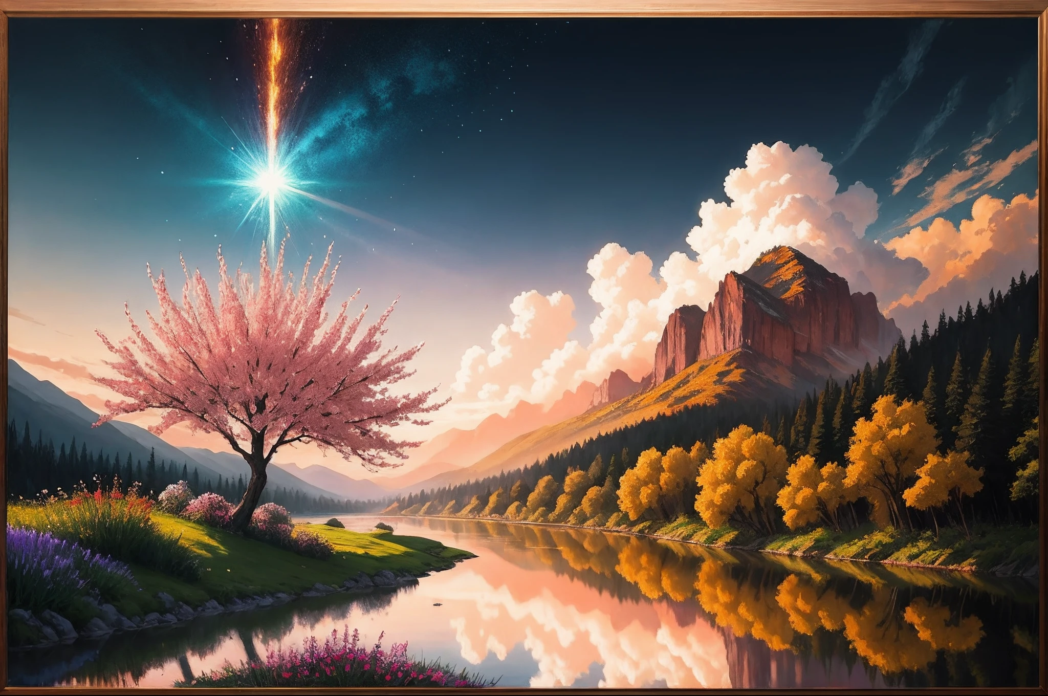 "Bring to life the enchanting concept of 'Nature's Symphony' on canvas. Craft a vivid and lively painting that captures the serene elegance of a breathtaking landscape. In this artwork, let the elements come together harmoniously: depict a meandering river reflecting the golden hues of a majestic sunset. Infuse the scene with the vibrancy of life by showcasing an array of blooming flowers that add bursts of color to the canvas. Use your artistic prowess to not only render the visual beauty of the scene but also evoke the tranquility and awe-inspiring nature of the natural world. Your brushstrokes will create a symphony of colors and forms that resonate with the viewers and transport them to the heart of this picturesque setting."