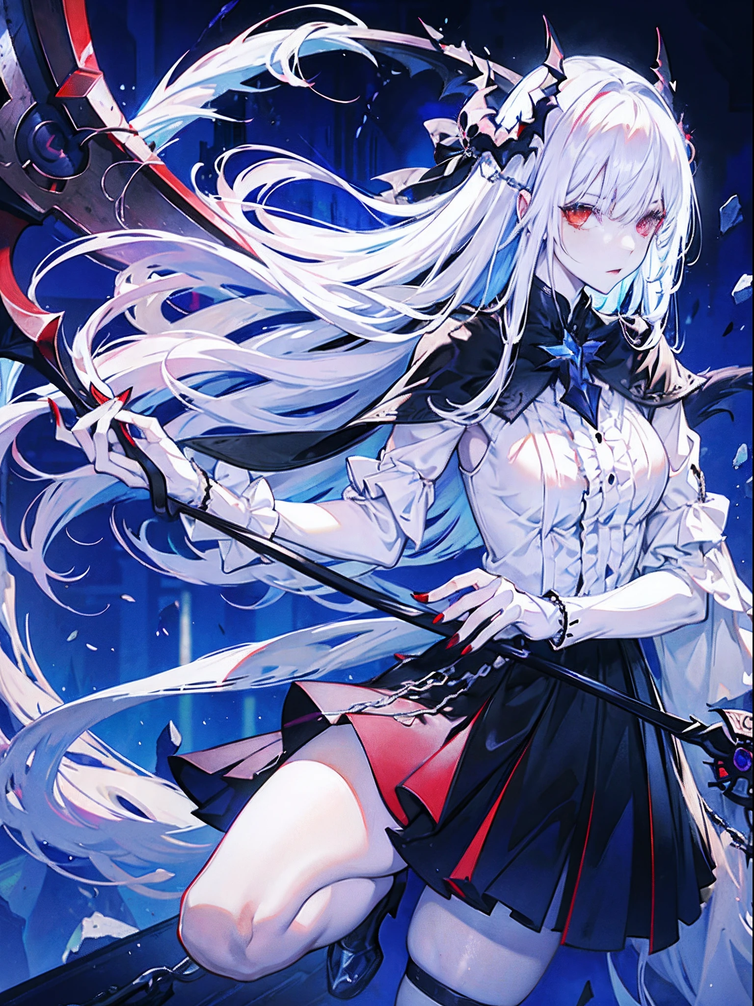 Evil white-haired demon, Bastard Sword, Sexy Outfit, Heterochromia eye, Black, Red Moon and Blue Roses, Fantasy background