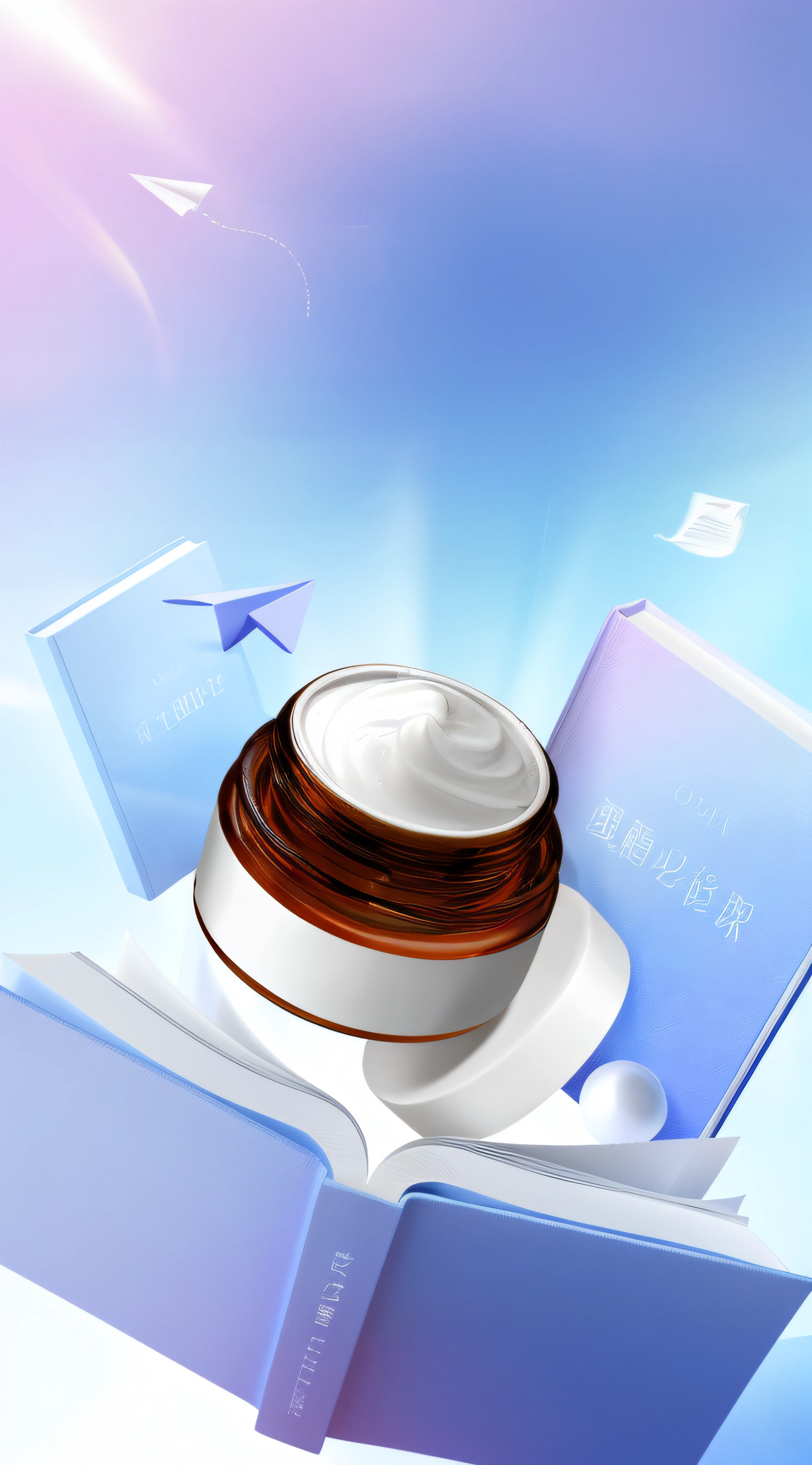 Having a book,There is a jar of cream on top, high quality topical render, jia, promotional render, caramel, by Yang J, 3 d white shiny thick, smooth 3d cg render, by Ni Yuanlu, Commercial illustration, photorealistic illustration, 3d product, ProductAdvertisements, 3 d product render, shaxi, Handsome