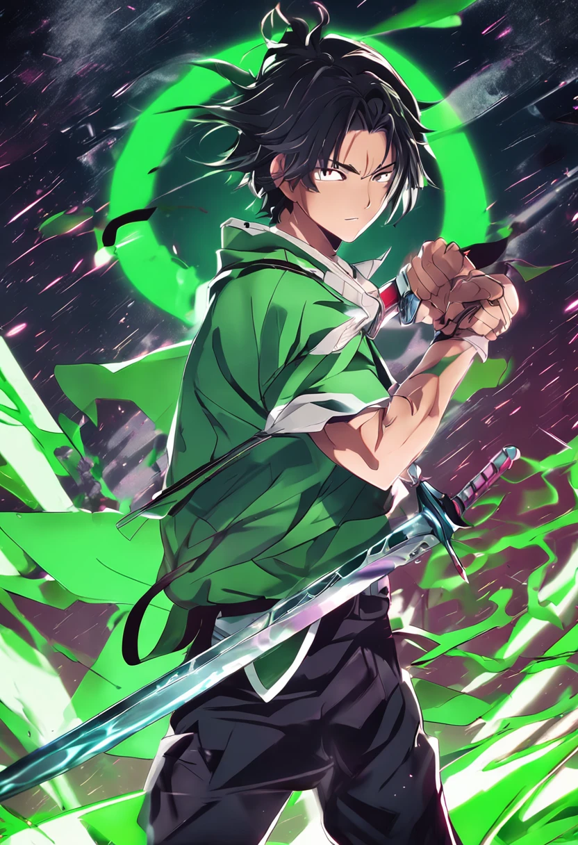anime com espada e cabelo verde segurando uma espada, estilo de arte demon slayer, glowing green soul blade, katana zero, Anime Wallaper, Directed by: Jin Homura, estilo anime 4K, empunhando kunai, Melhor Anime 4K Konachan Wallpaper, she is holding a katana sword, holographic blade!, hd Anime Wallaper, night core, Anime Estilo Estrela