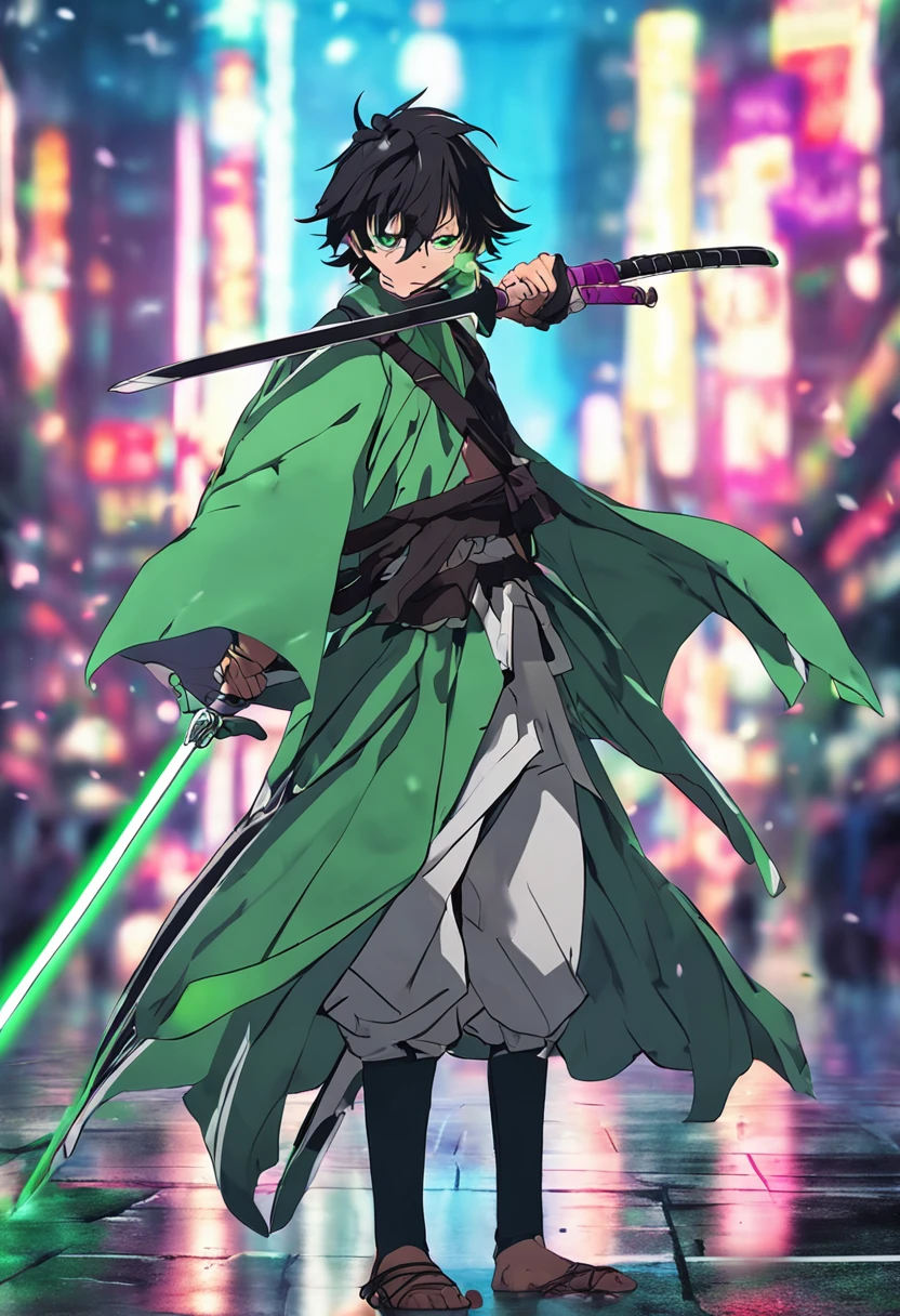 Menino anime com espada e cabelo verde segurando uma espada, estilo de arte demon slayer, glowing green soul blade, katana zero, Anime Wallaper, Directed by: Jin Homura, estilo anime 4K, empunhando kunai, Melhor Anime 4K Konachan Wallpaper, she is holding a katana sword, holographic blade!, hd Anime Wallaper, night core, Anime Estilo Estrela
