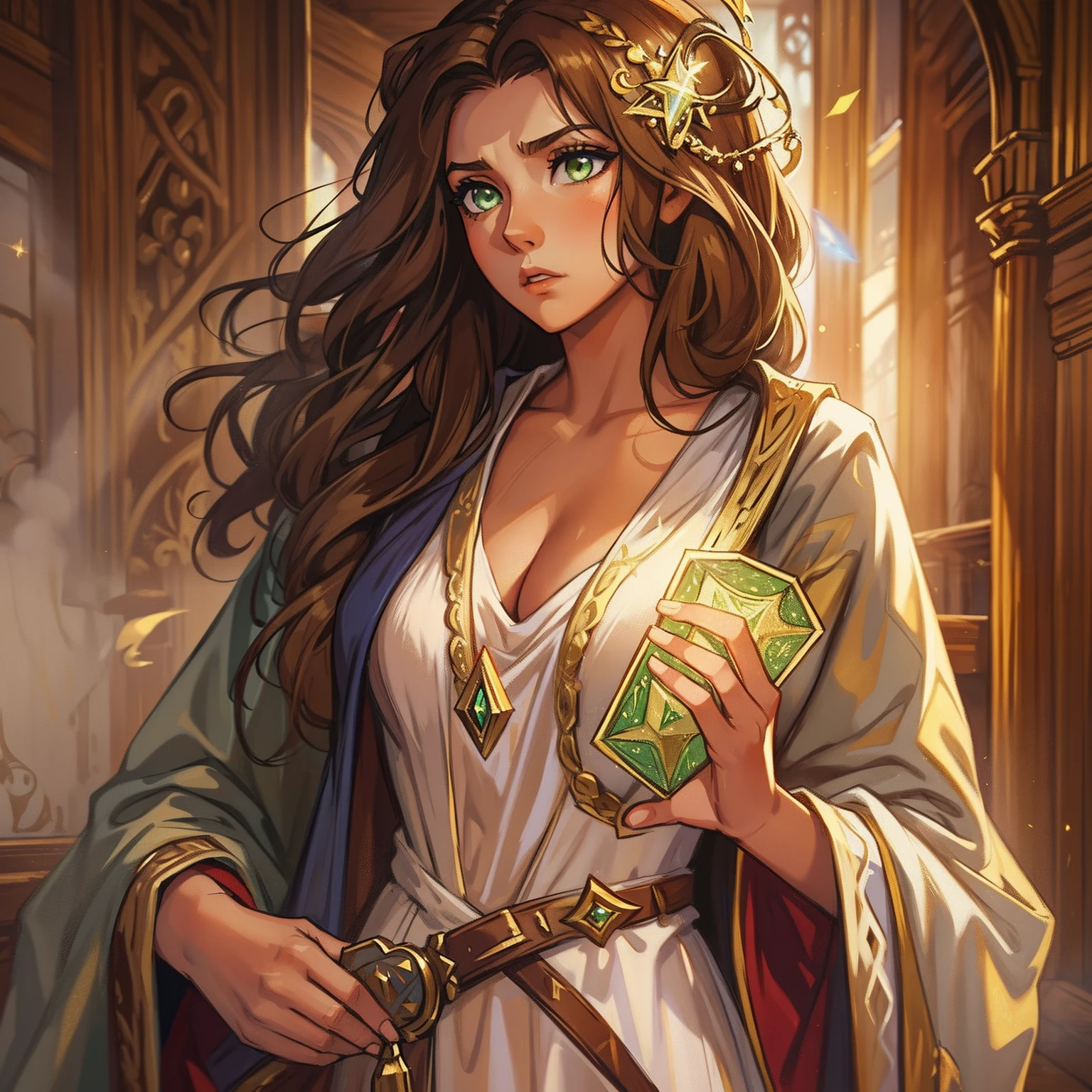 A beautiful sexy woman with green eyes and brown hair is a sorceress Wizard dressed in white and gold robes Noble robes A princess of magic and a tired look, is rubber. ((Enrojecida)) dramatic wooden wallpaper An art for an RPG A medieval art for an RPG