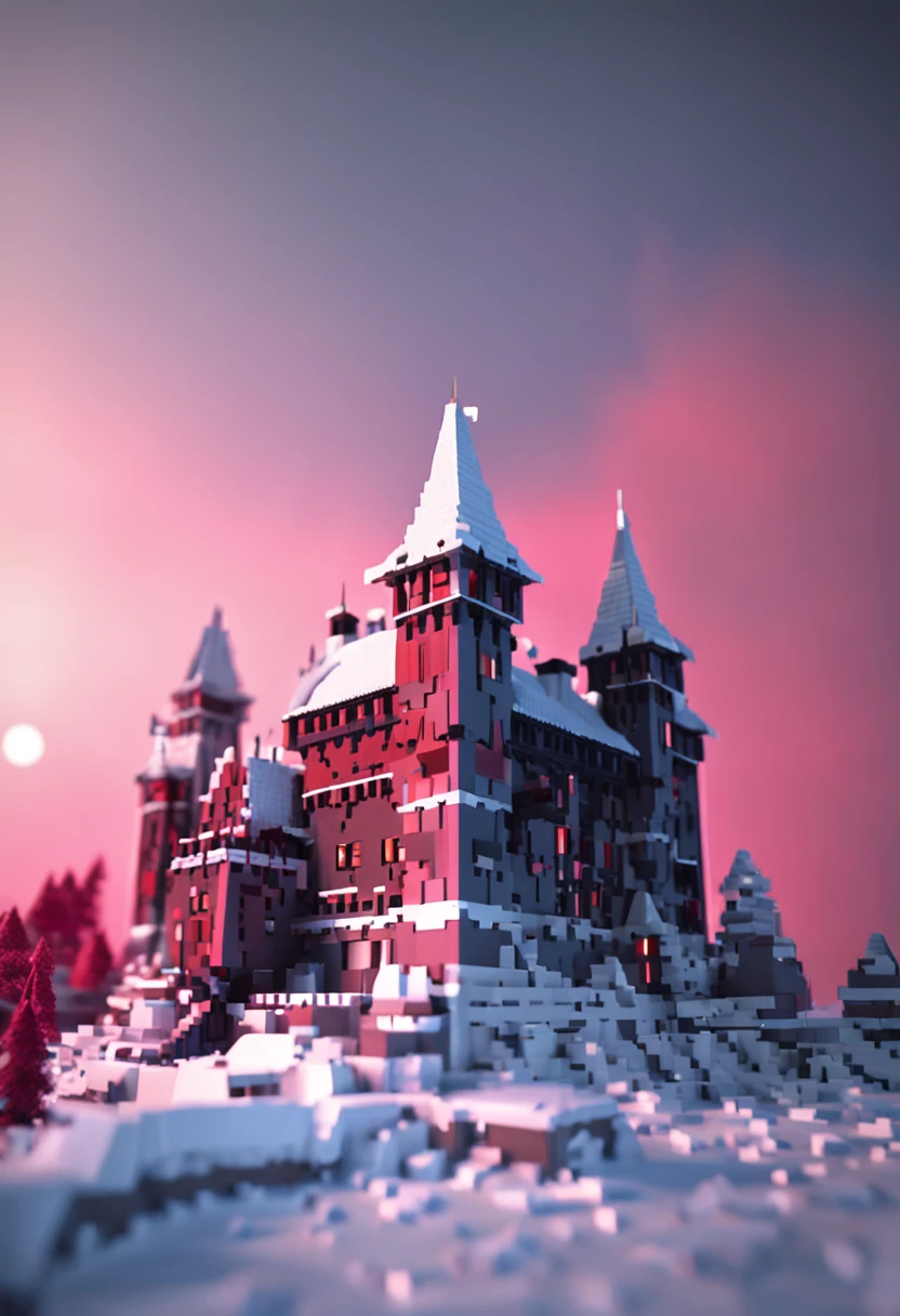 nevando,Castle,borgar,Red roof,snow cover,Voxel artHigh quality voxel artVideo gameDigital artBuilding block style