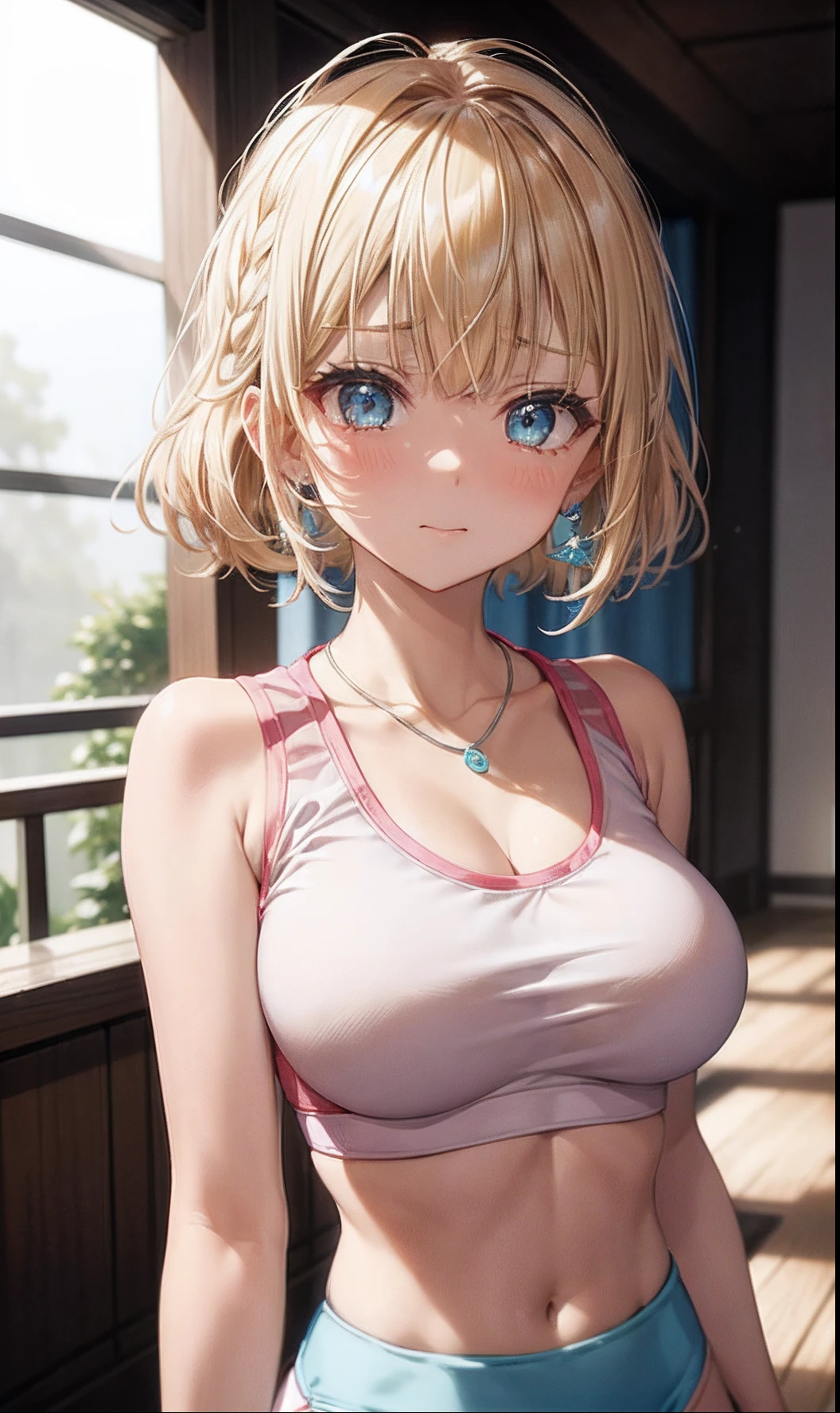 absurderes, ultra-detailliert,bright colour, extremely beautiful detailed anime face and eyes, (独奏:1.6), ;D,(Sportsbra:1.6),(Under the breasts:1.8) evening、(Surprise and embarrassment:1.5)、 shiny_skin,25 years old, Short hair, , asymmetrical bangs, Blonde hair with short twin tails, Shiny hair, Delicate beautiful face, red blush,(cyan eyes:1.3 ) White skin, hair clips, earrings, a necklace,Wet、