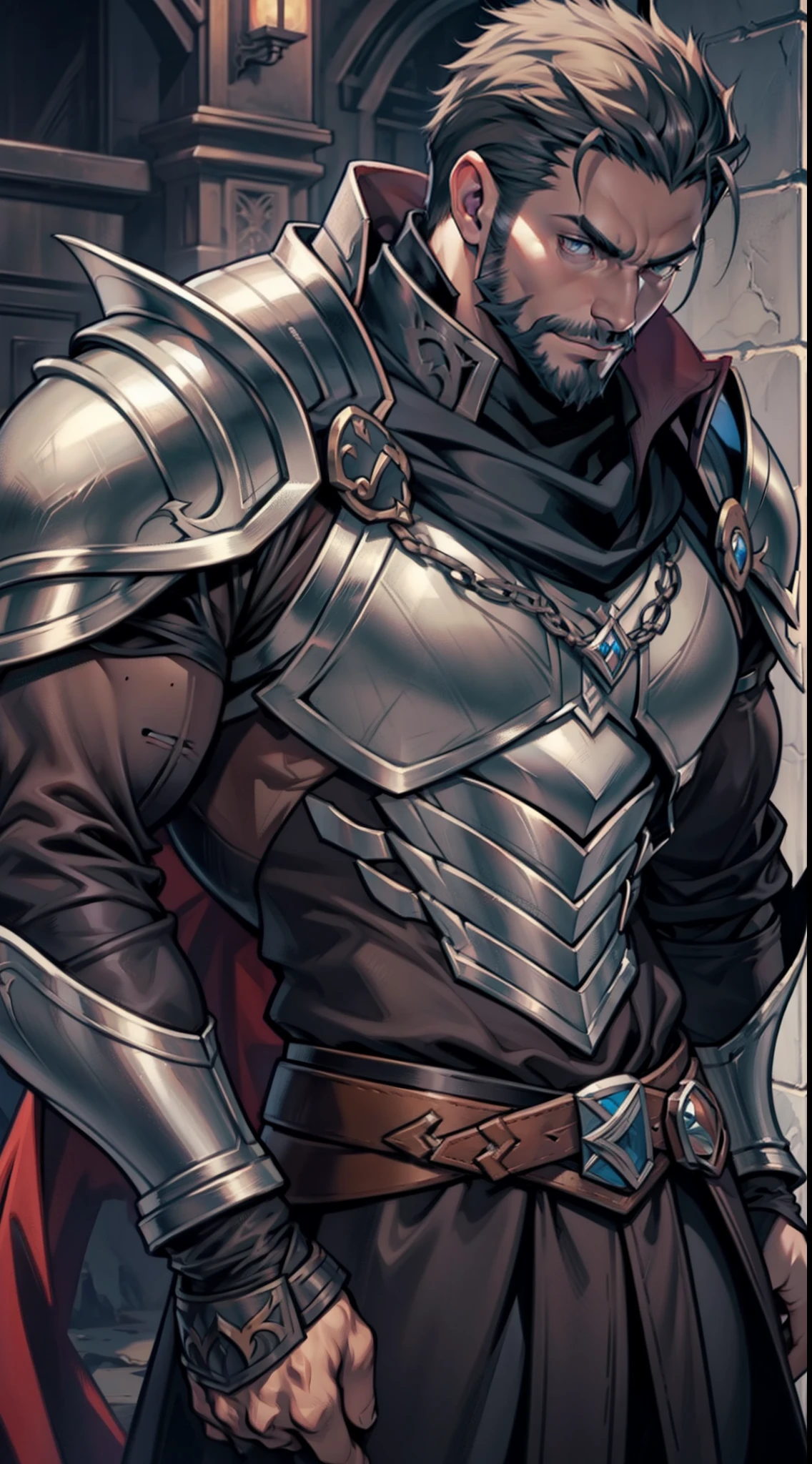 Castlevania Lord of Shadows hyper realistic super detailed Plan portrait face face centerpiece beautiful muscular bald beard muscular handsome warrior leather Armor Wear hyper realistic super detailed
