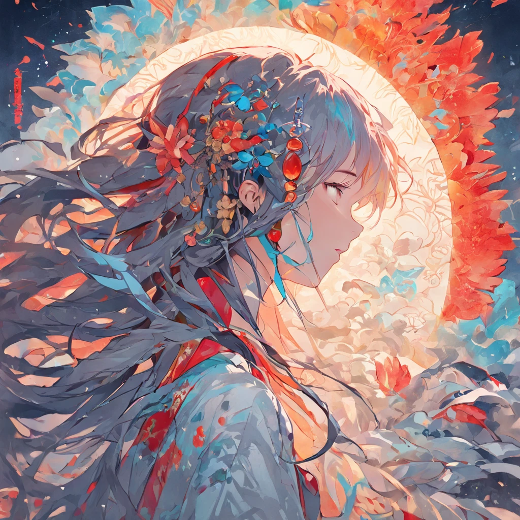 (White background:1.4),(Silhouette of a girl's head, Eyes closed, colorfull long hair, Oriental elements),(Chinese illustration:1.3,paper art:1.3, Quilted paper art:1.2),( reasonable design, Clear lines, High sharpness,Best quality, Very detailed, Masterpiece, movie light effect, 4K )