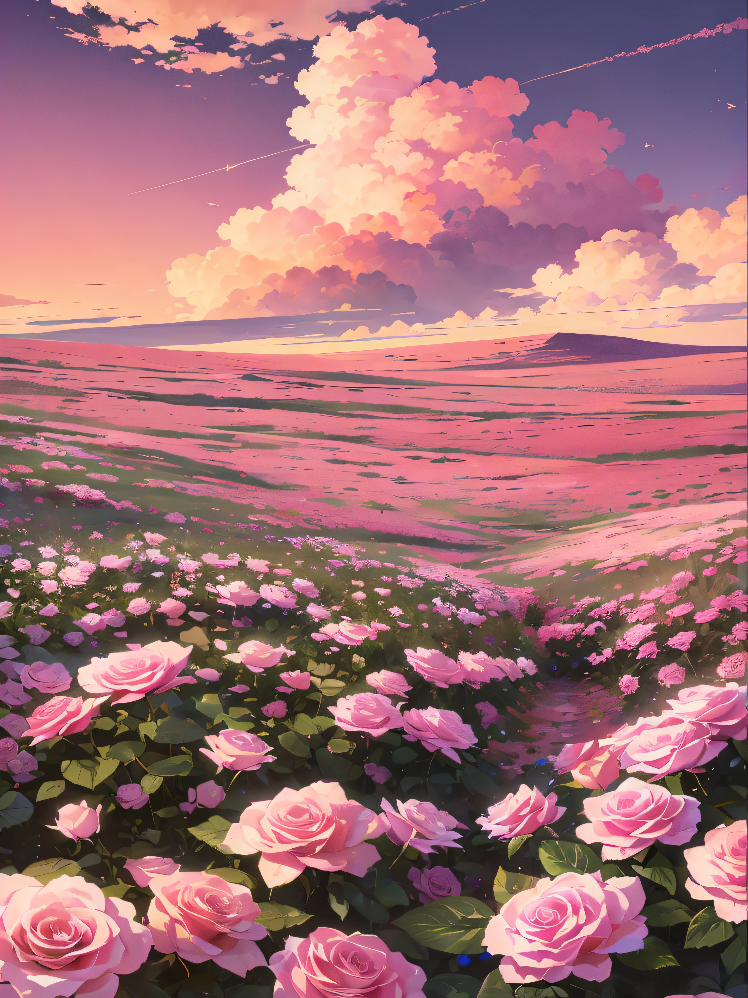 Summer, desert, pink clouds, a land overgrown with roses, James Gurney, art station rendering, ultra-wide lens, high definition