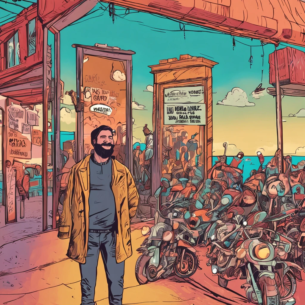 homem de barba, em frente a porta de um comercio com um sorriso grande
