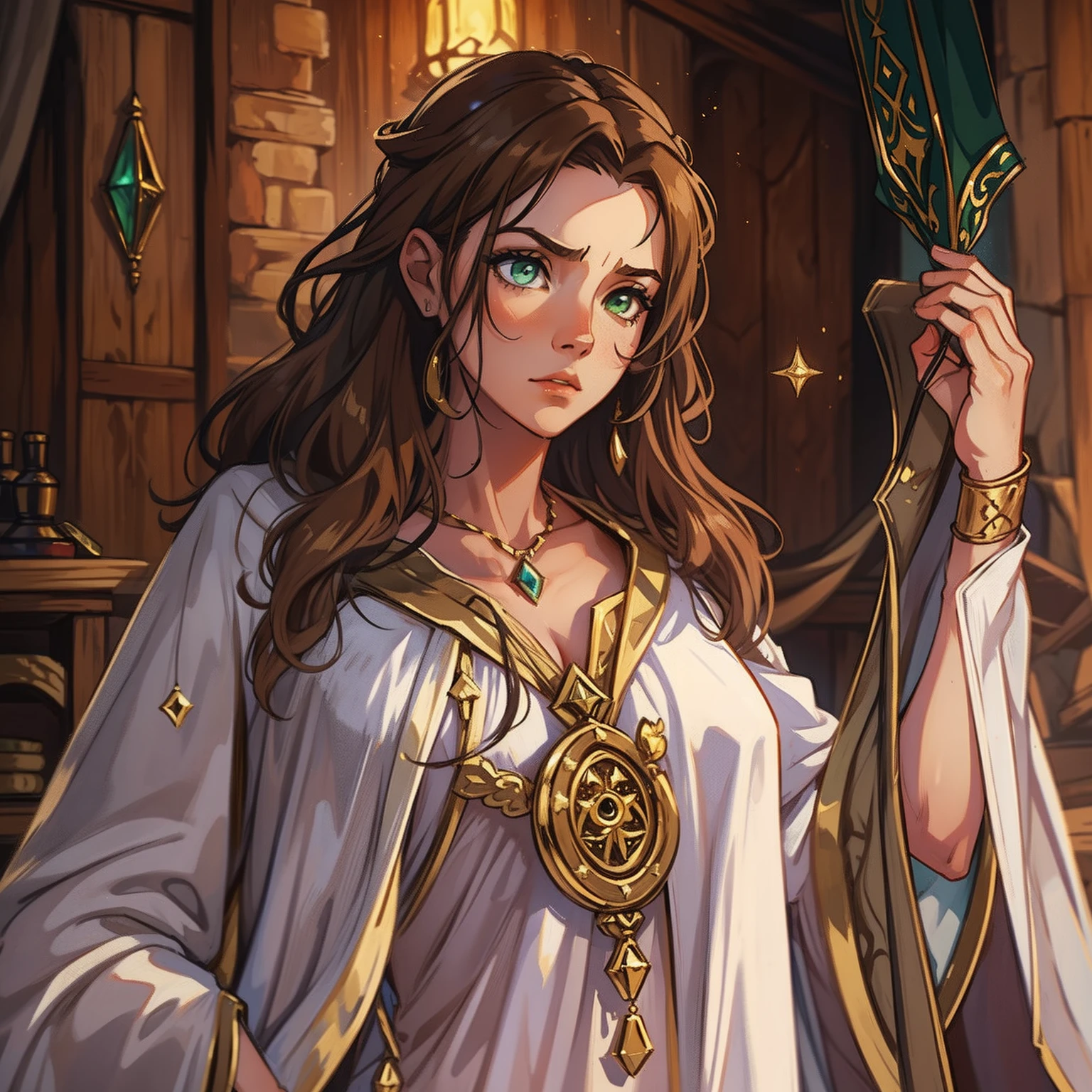 A beautiful sexy woman with green eyes and brown hair is a sorceress Wizard dressed in white and gold robes Noble robes A princess of magic and a tired look, is rubber. ((Enrojecida)) dramatic wooden wallpaper An art for an RPG A medieval art for an RPG