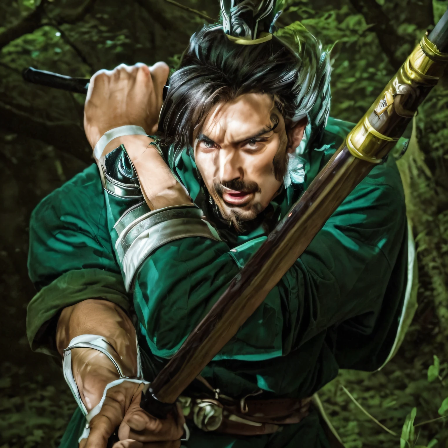 Man with a sword in his hand、in woods