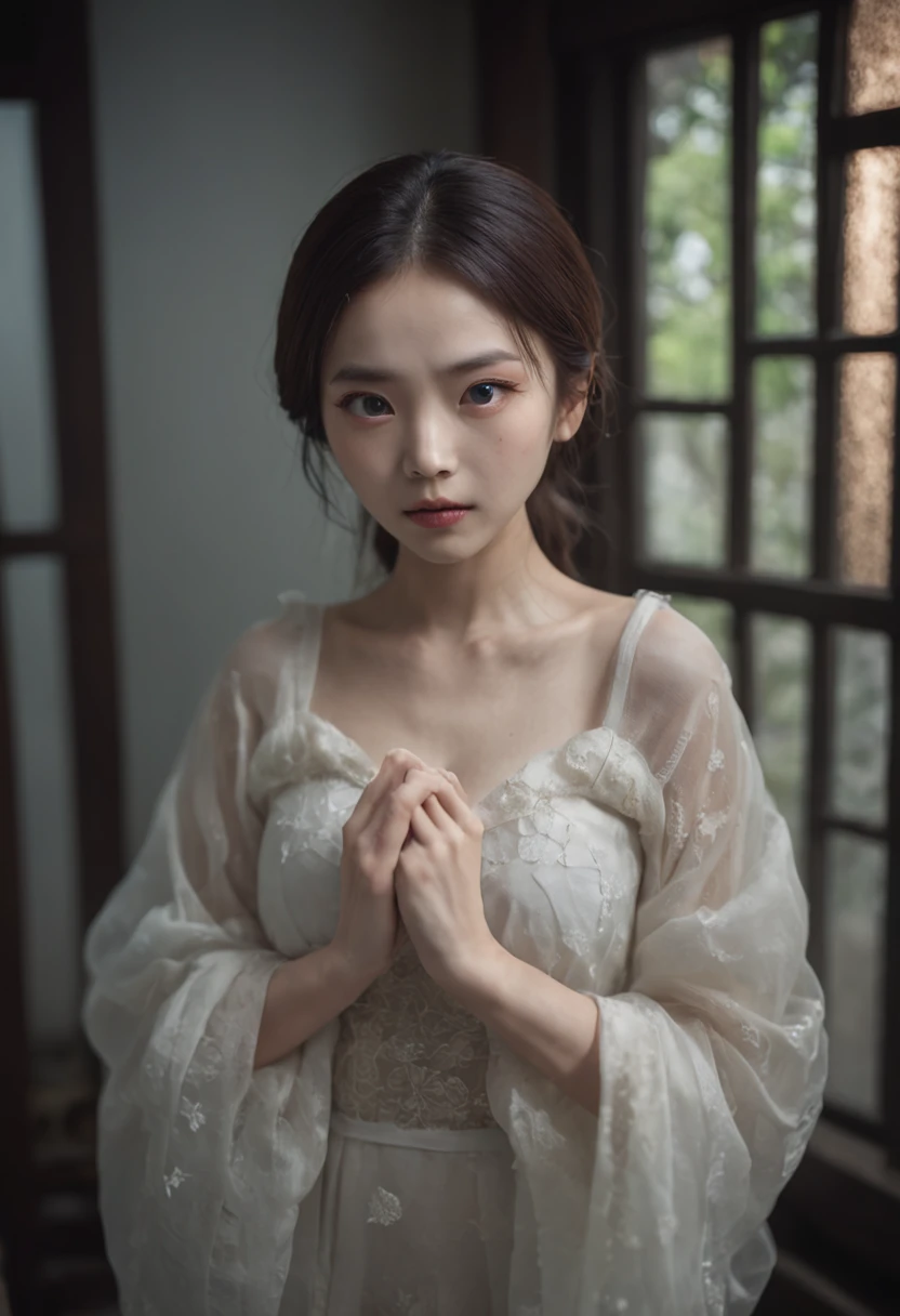 (tmasterpiece、high-level image quality、high high quality)、(Young beauty ghost)、Female ghost stories,(Japanese ghost stories)、horrid、Amazing beauty、爆乳、Excellent style、Incredible images、She looks like a Japanese model actress.Glossy、 Beauty Yokai、dim murky lights.lantern、agitation、canny、Frightened、Japan houses、The night is dark、(fiction、Horror pictures、Ghosts)、