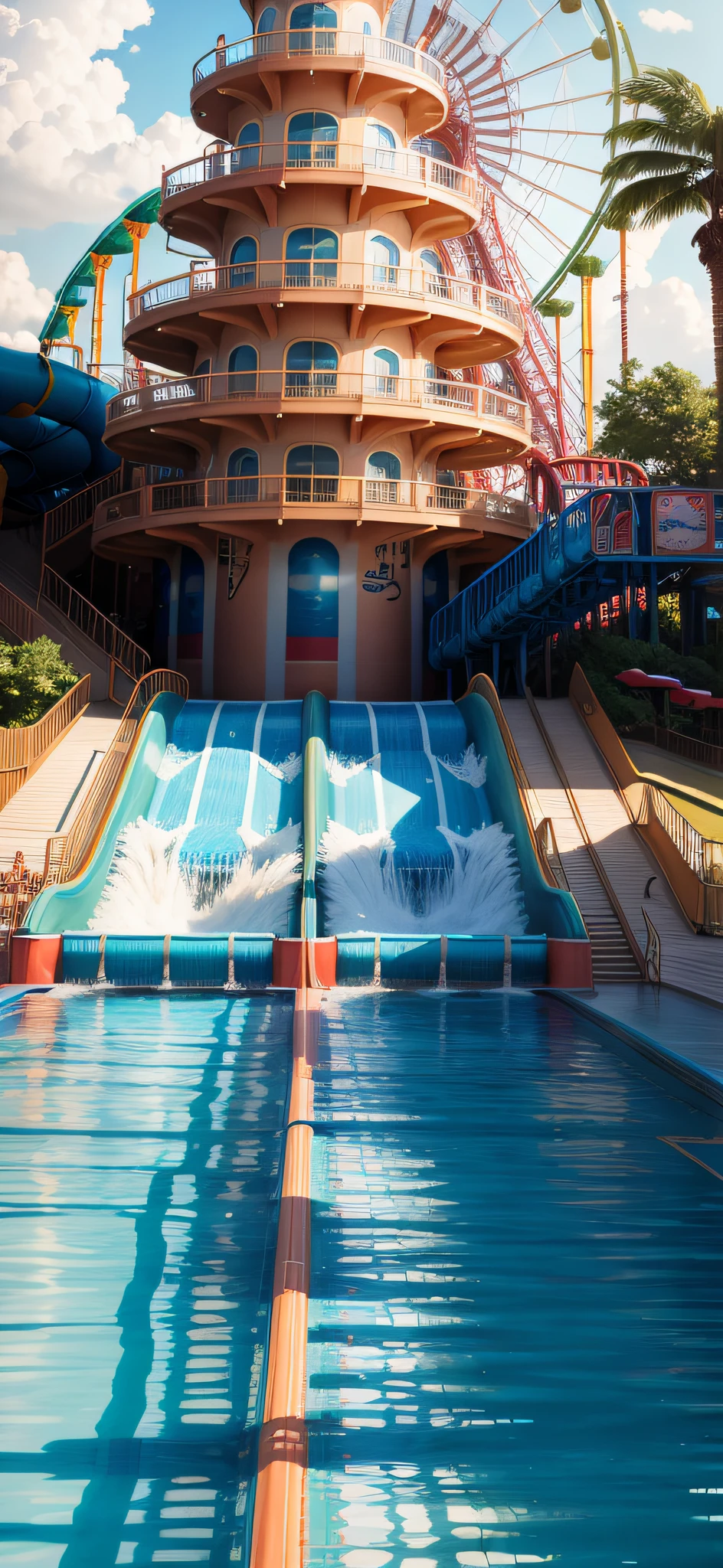 There is a large water park with water slides, amusement park attractions, theme park, An amusement park, amusement park buildings, Background blur, blurred detail, 4K, water world，No Man