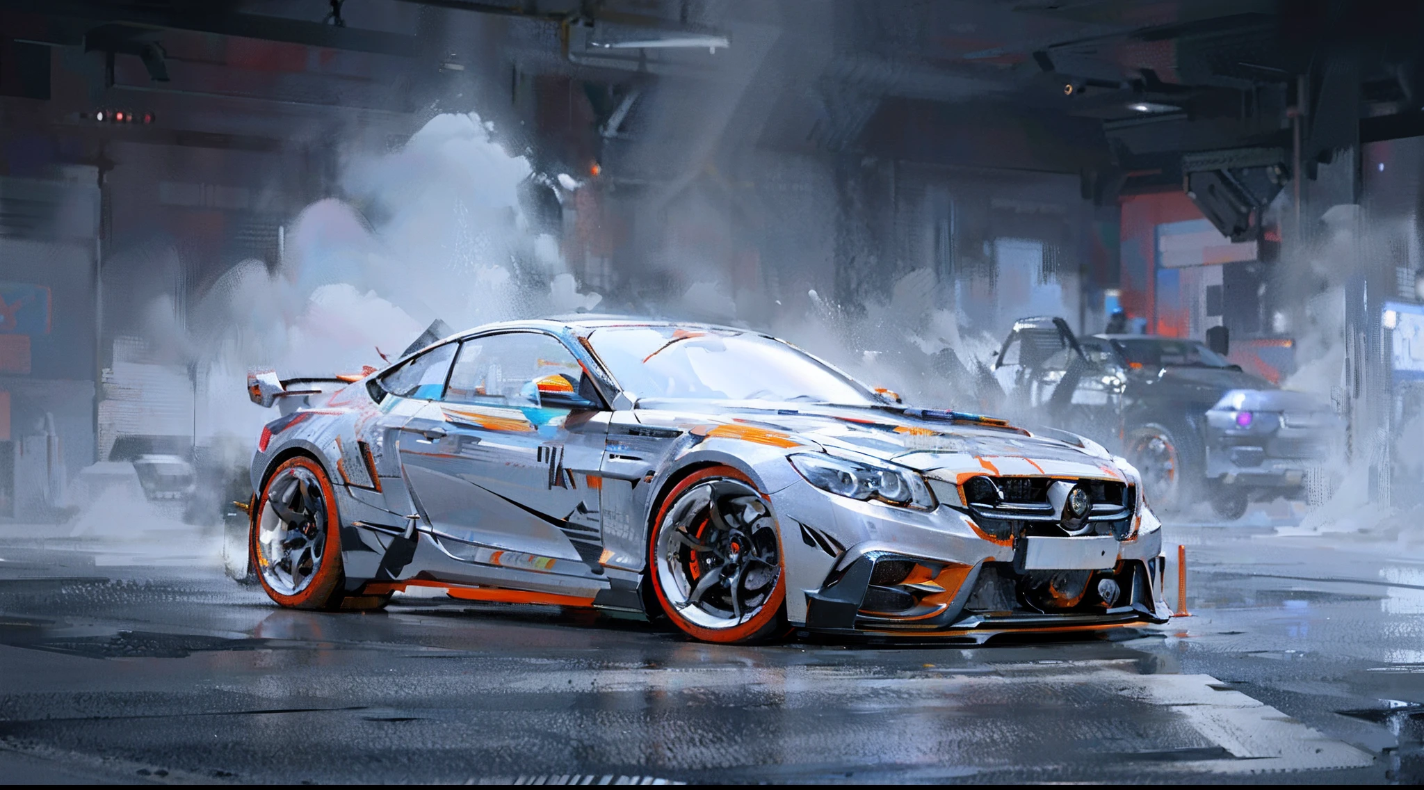 There is a silver car with orange rims driving on the road, hyperreal rendering, futuristic product car shot, extreme render, car concept art, sci-fi car, futuristic concept design, concept art 8 k, Concept car, artstation unreal w-960, cyberpunk car, Futuristic car, daniel maidman octane rendering, 8 K high detail concept art