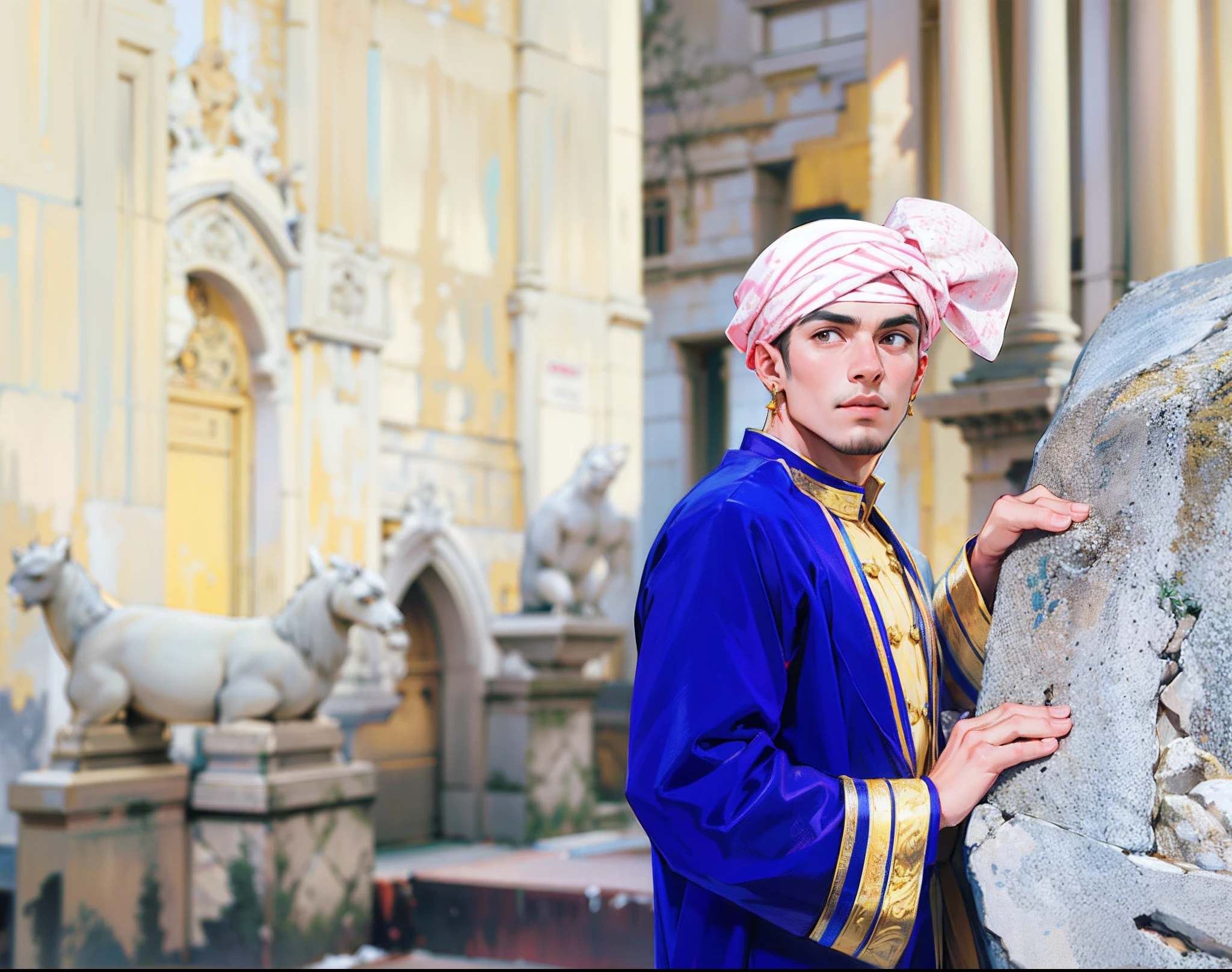 a prince standing at the stairs and holding the stony trails with his right and left hands, correct and accurate male anatomy, correct number and accurate anatomy of his fingers, handsome face with detailed facial features, there is silk lightpink colored turban wrapped around his head as headgear, golden rounded earrings at his ears, masculine stocky body, wearing long velvet blue coat without collar, golden stripes at the lining of his coat, there are ancient palace scene and environment, depth of field, sharpness, shadow, highlight, DSLR professional shoot and retouching, flawless white skin, masterpiece, artistic, legendary story look, he is looking away to infinity