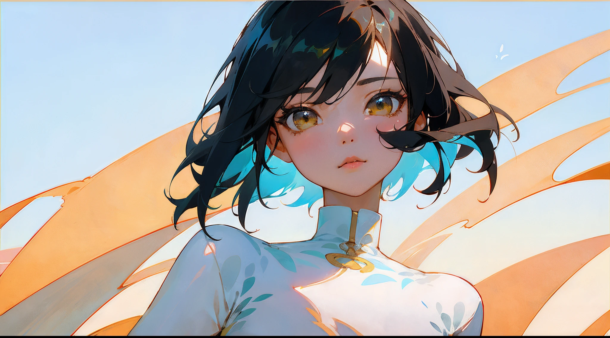 Original Characters、Wide angle shot、Volume Lighting、Best Shadows、Shallow depth of field、Portrait of an amazingly beautiful girl、Delicate beautiful attractive face with petite and seductive eyes、Woman looking up at blue sky in vast field、Black Hair Shortcut Hair、Slim waist、(top-quality、Superb Detail:1.25)、(独奏:1.3)、Brilliant Colorful Paintings