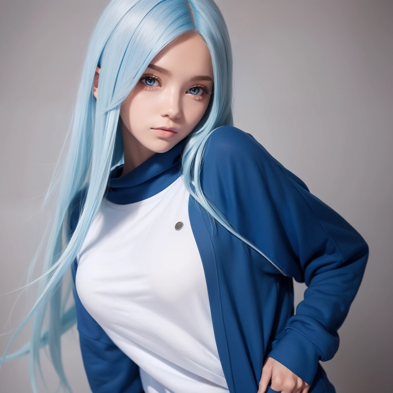 Long fleshy blue hair，Loose and simple sweatshirt，It looks small and cute，But the breasts are large and full