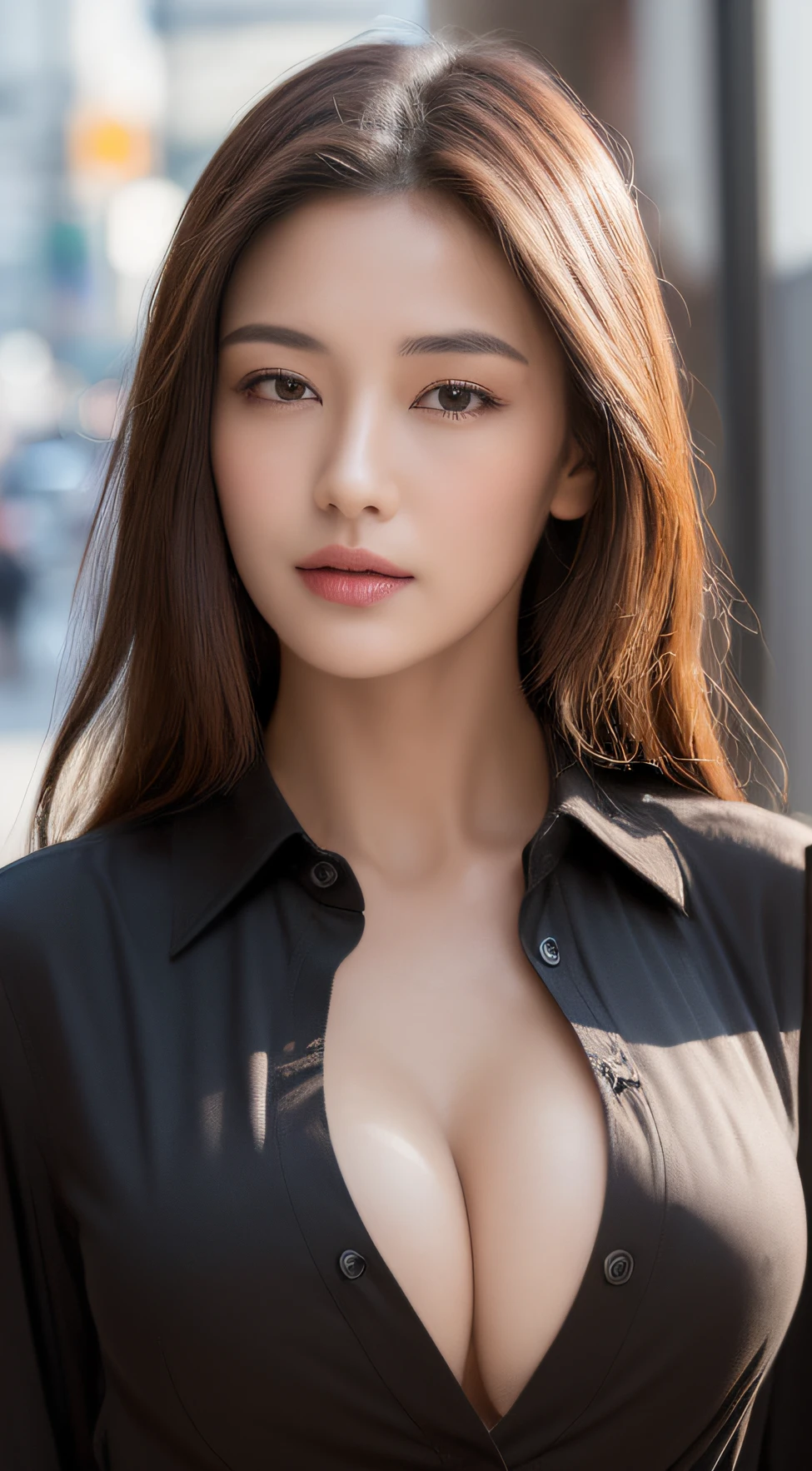 ((Best quality, 8k, Masterpiece :1.3)), Sharp focus :1.2, A pretty woman with perfect figure :1.4, Slender abs :1.2, ((Dark brown hair, Big breasts :1.2)), ((translucent button up long shirt :1.2)), (show cleavage with bra:1.2),City street:1.2, Highly detailed face and skin texture, Detailed eyes, Double eyelid