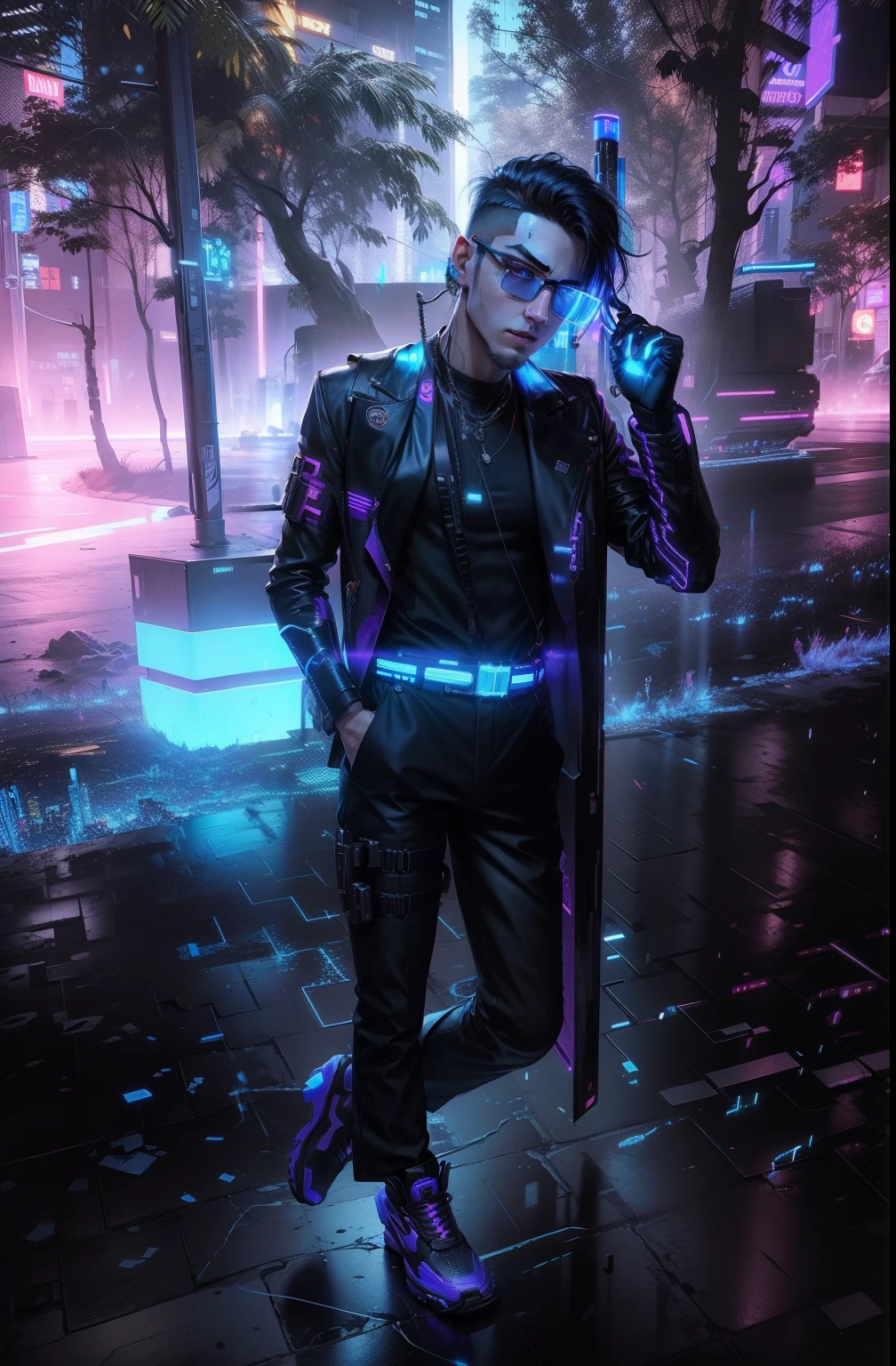 Change background cyberpunk handsome boy, realistic face, 8k, ultra realistic, neon,