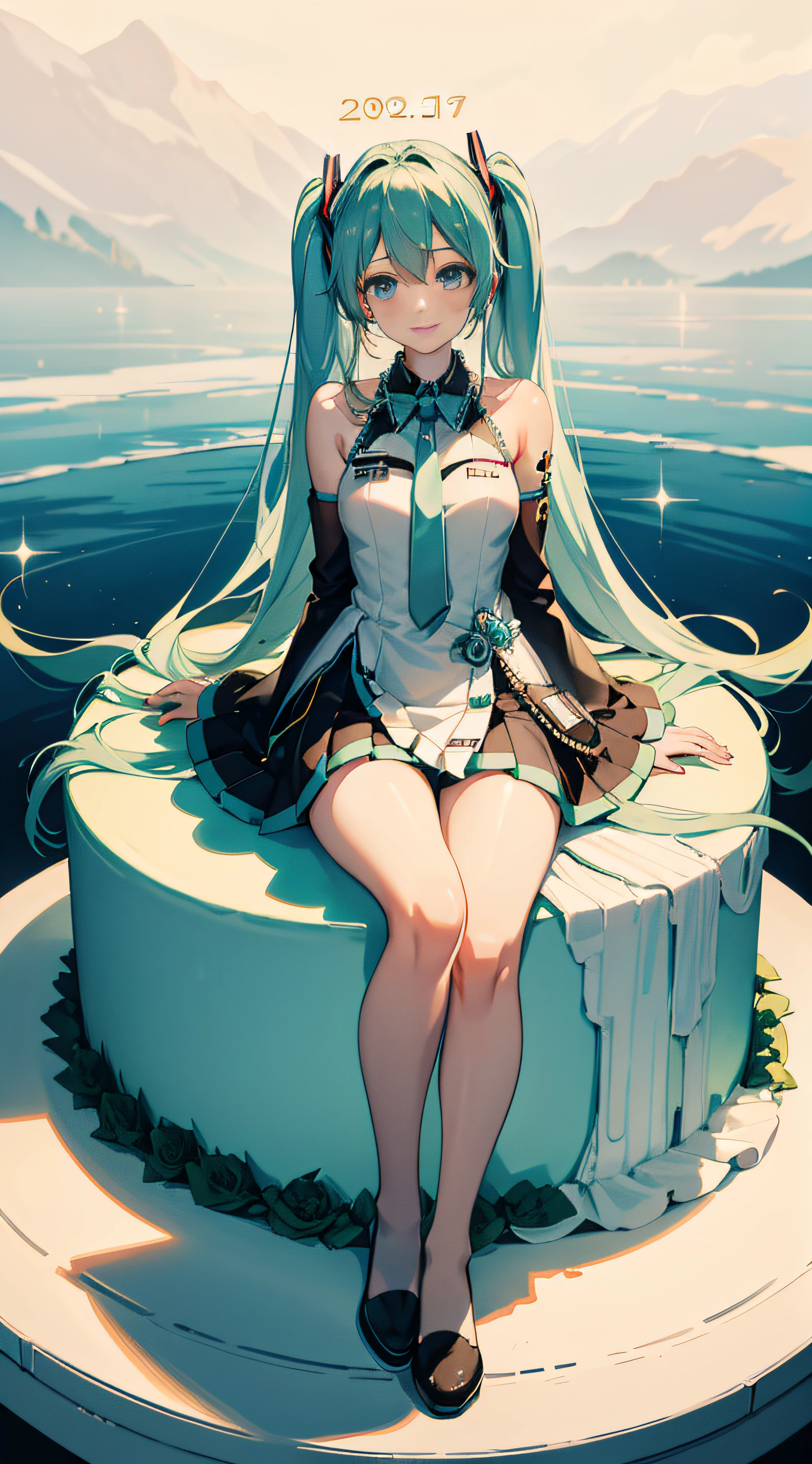 Hatsune Miku sits on a huge creamy birthday cake,The birthday cake is lit with colorful birthday candles,happy birthay,ssmile,exquisite facial features,Elaborate Eyes,Gentle and shy face,Peerless beautiful girl,Advancedsense,Hold the strawberry between the buttocks