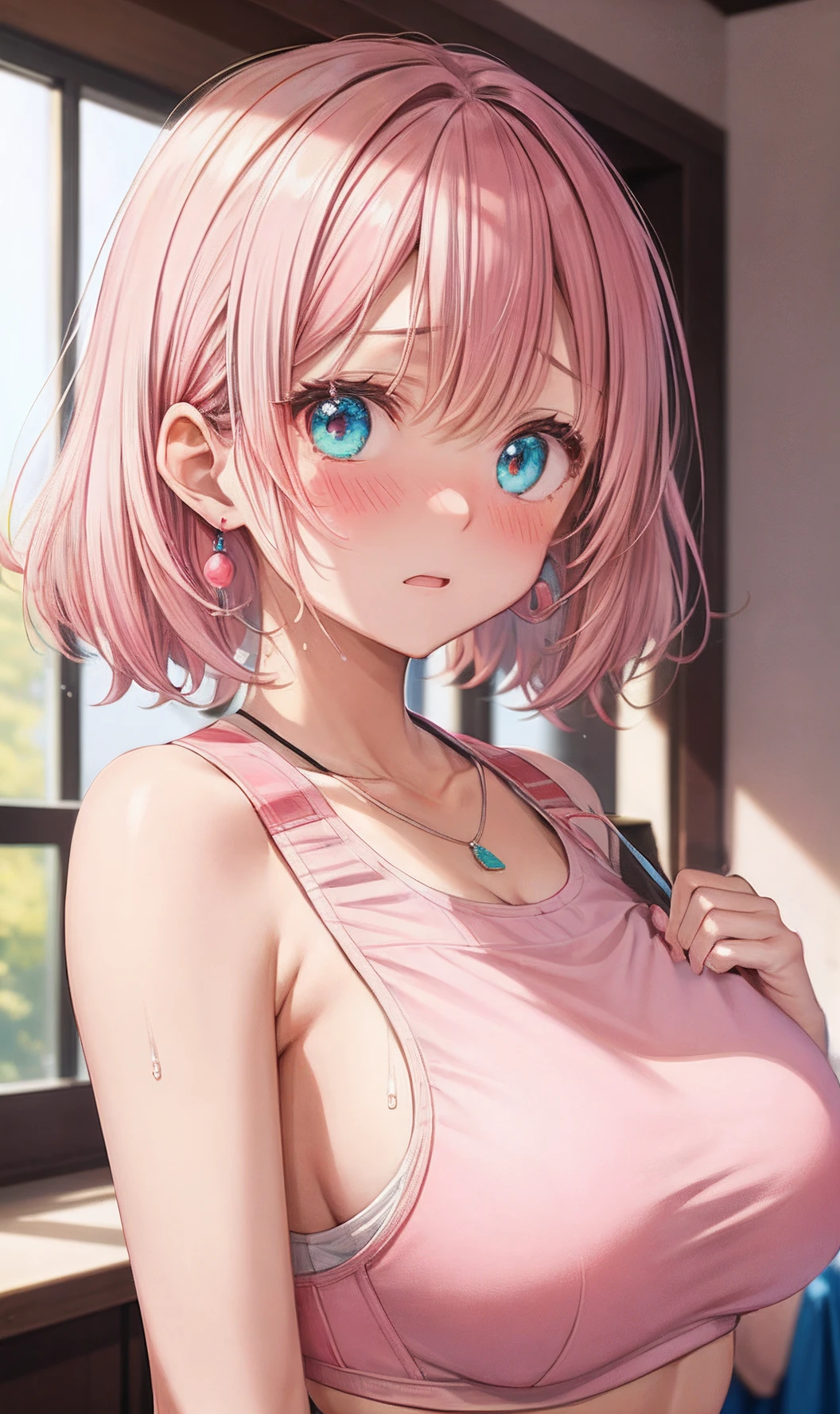 Pink-haired girl, flat chest, Focus on the face, Detailed areola and nipple, NSFW