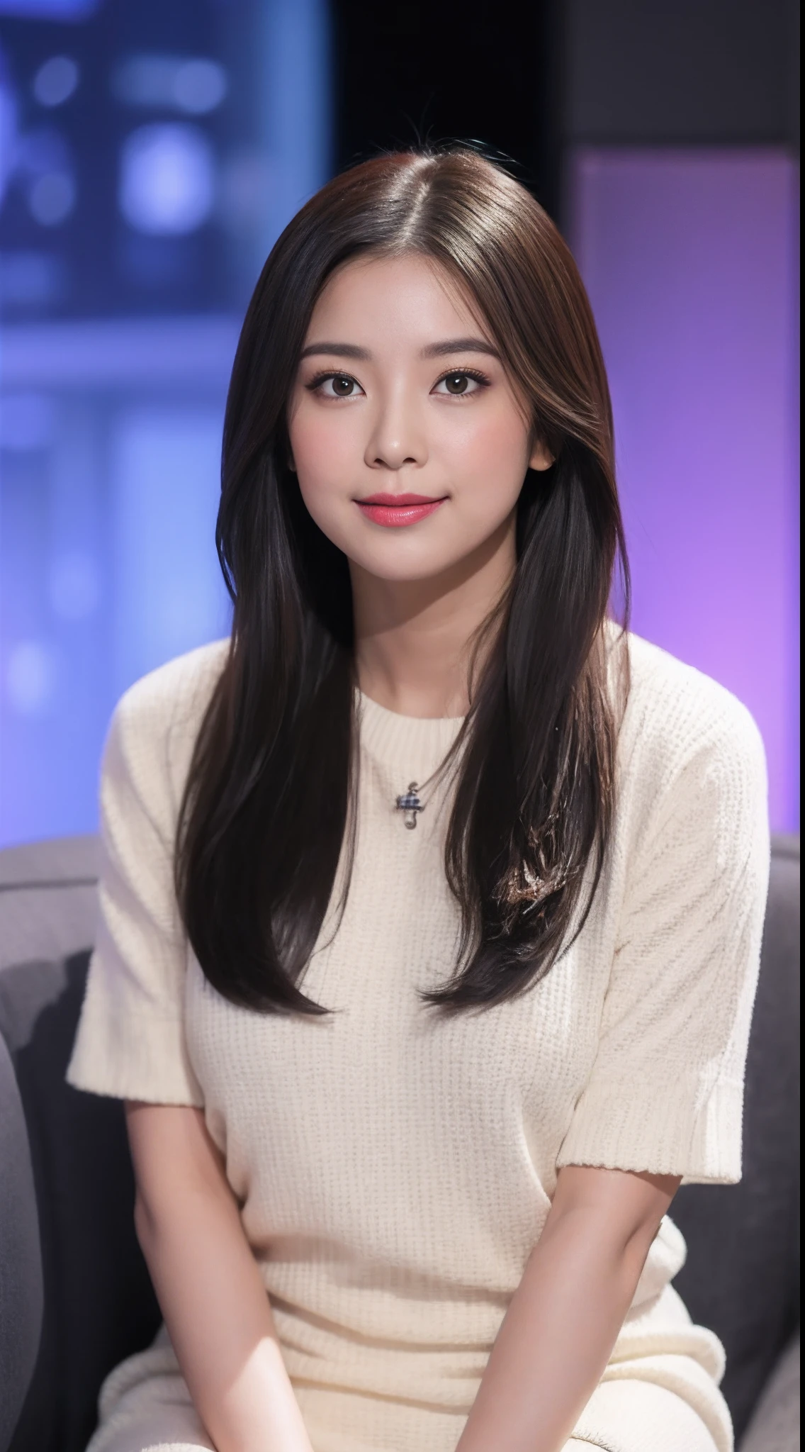(RAW photogr:1.2),The highest quality, 超高分辨率, Female anchor，sitting in the couch，Broadcast news，studio backdrop